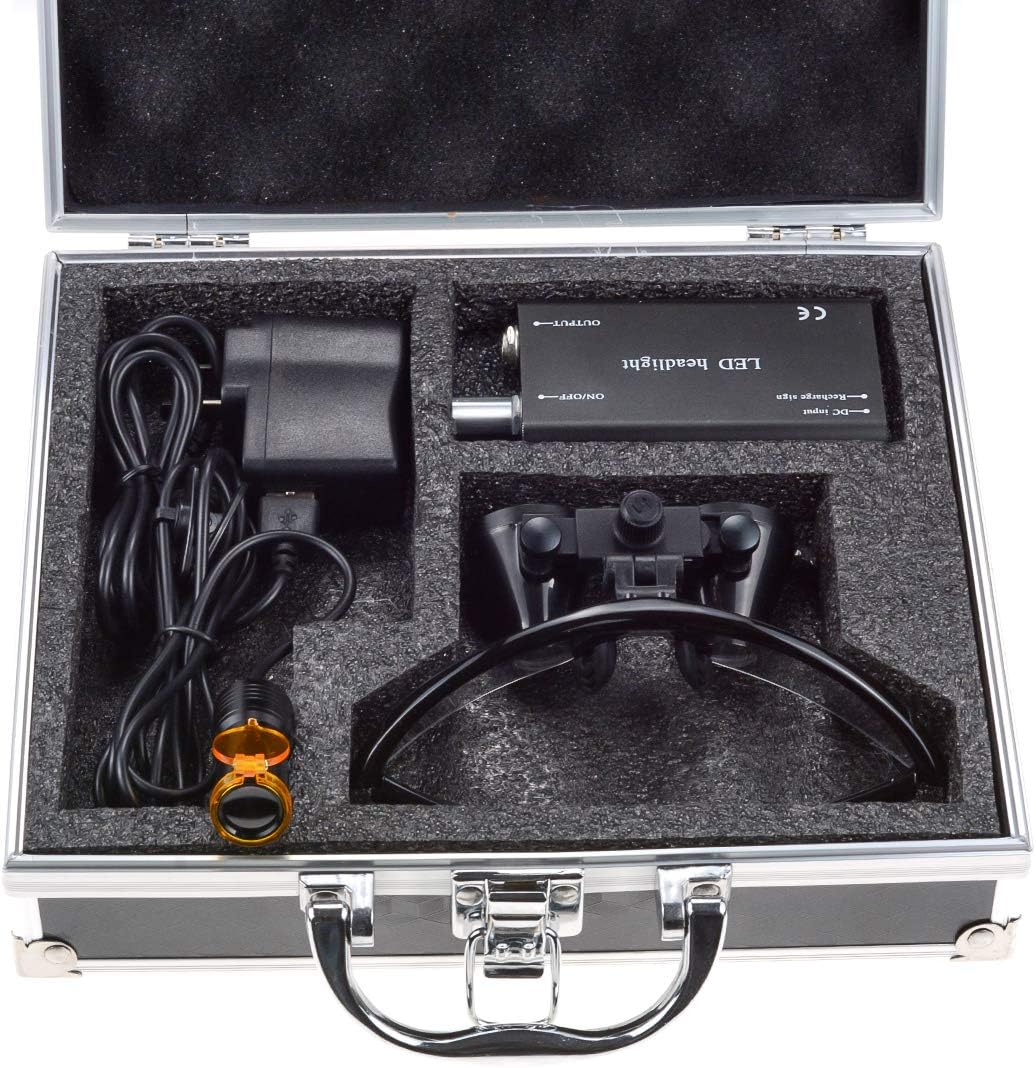 3.5X Binocular Loupes Magnifying Glasses + 5W Magnifying Lamp LED Headlamp with Filter Aluminum Box Black