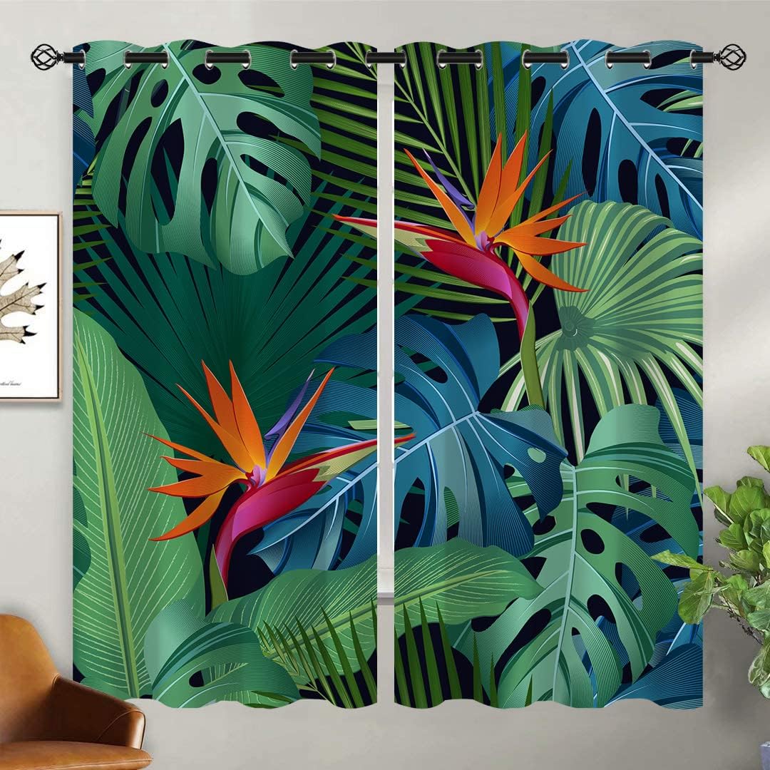 Tropical Leaf Blackout Curtains for Girls Boy Home Decor, Palm Leaves Summer Nature Jungle Plant Grommet Thermal Insulated Drapes Darkening Window Curtain for Bedroom Living Room, 63 x 63 Inch