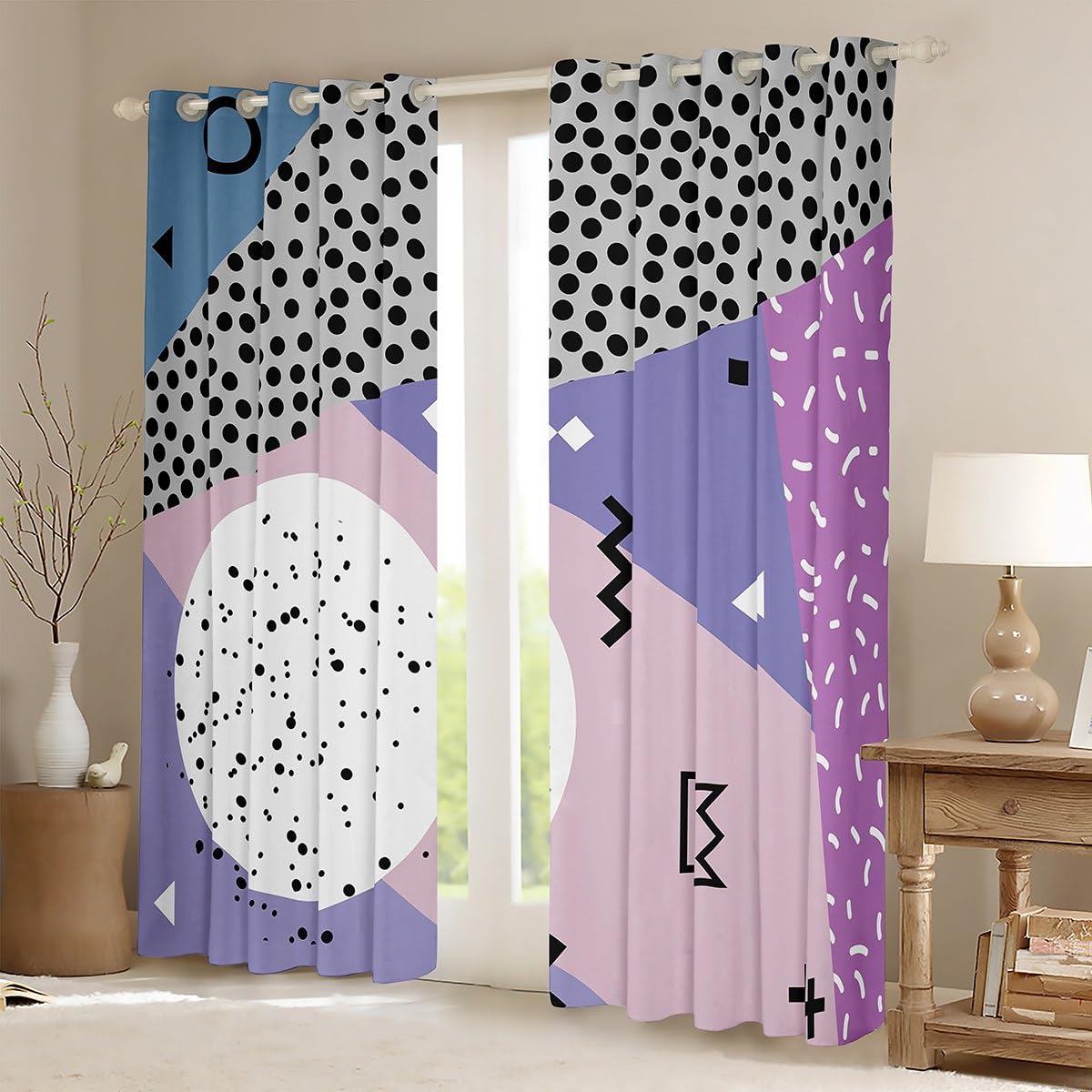 Manfei Memphis Blackout Curtain Abstract Geometric Retro Window Drapes for Kids Girls Room Decor 80s 90s Fashion Style Window Treatments Grommet Top 2 Panel Set Bedroom Curtains - Image 2