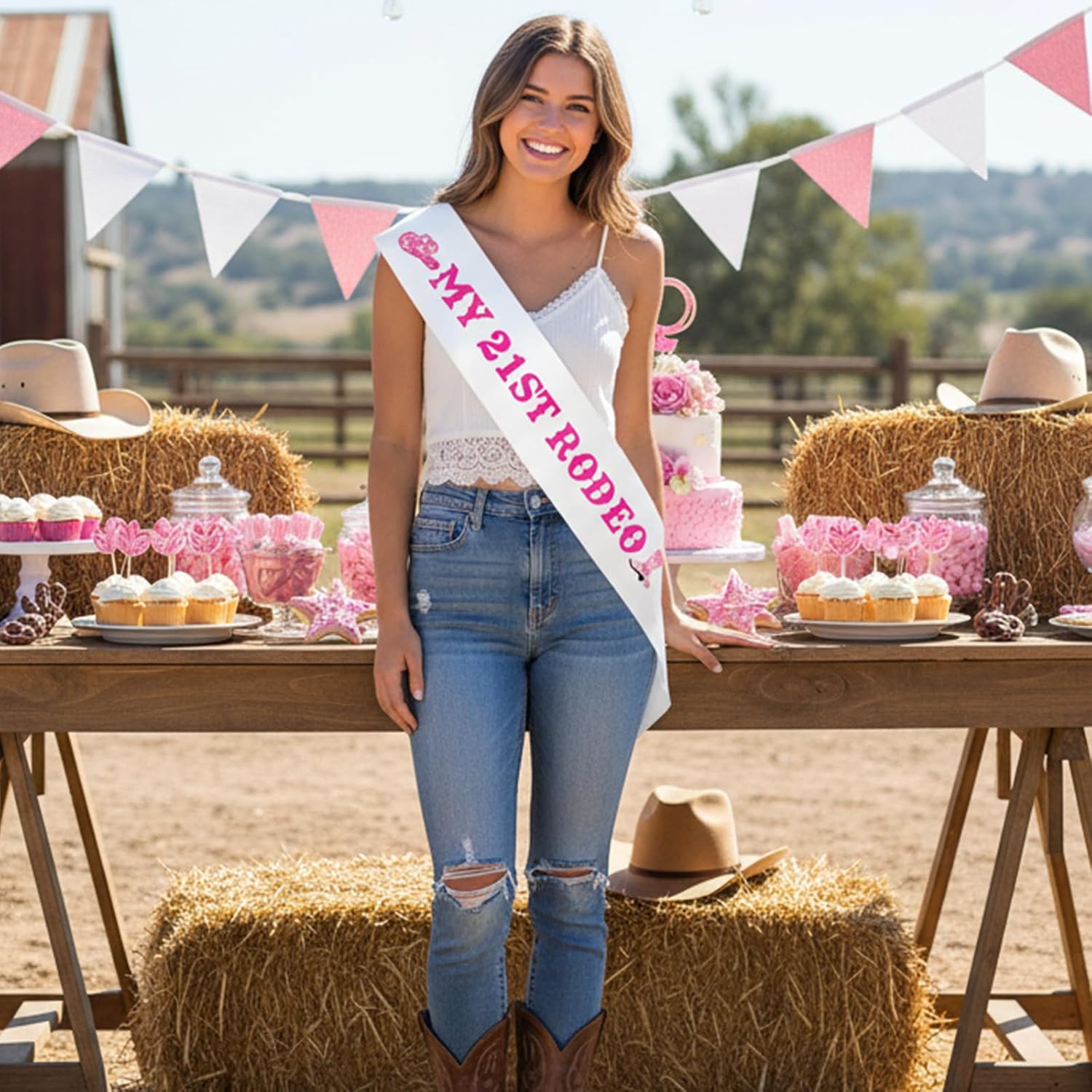 JOYMEMO My 21st Rodeo Birthday Sash for Her, Hot Pink Western Cowgirl 21st Rodeo Sash Decorations, West Horse Racing Party Favor, Disco Cow 21 Years Old Birthday Party Supplies