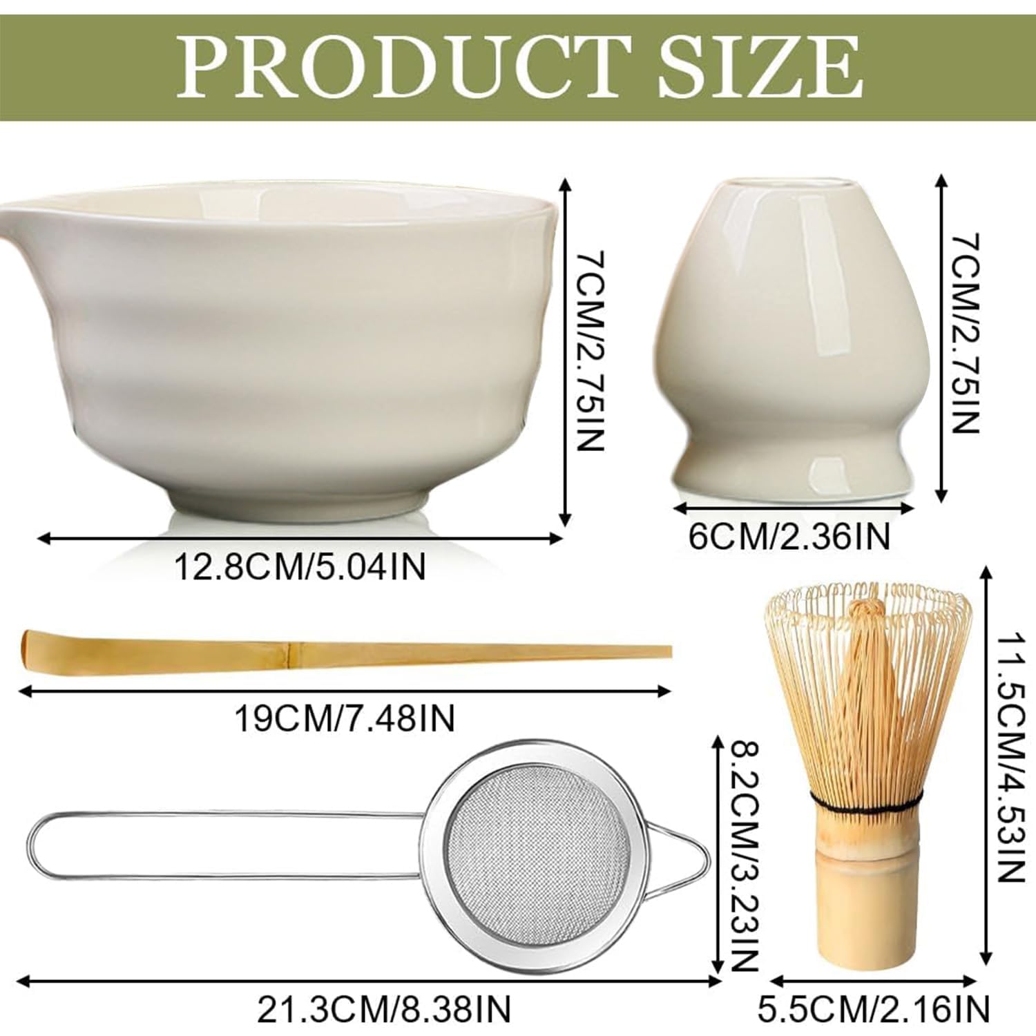 5 Stück Matcha Set, Bambus Matcha Besen, Keramik Matcha Schale mit Ausgießer, Matcha Whisk, Schaufel, Sieb, Matcha Tee Set Ohne Pulver, Ceremonial Matcha Starter Set (Weiß)