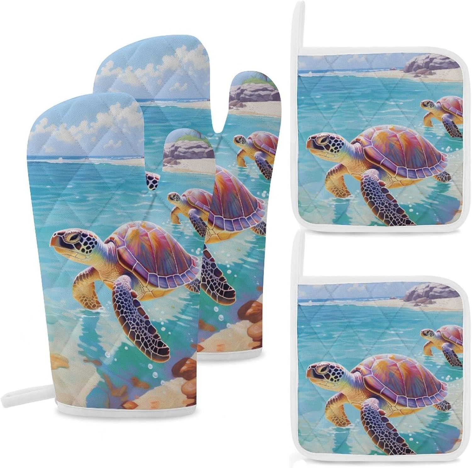 Ocean Animal Sea Turtles 4 Pcs Oven Mitts and Pot Holders Set High Heat Resistant Long Kitchen Oven Glove Potholders