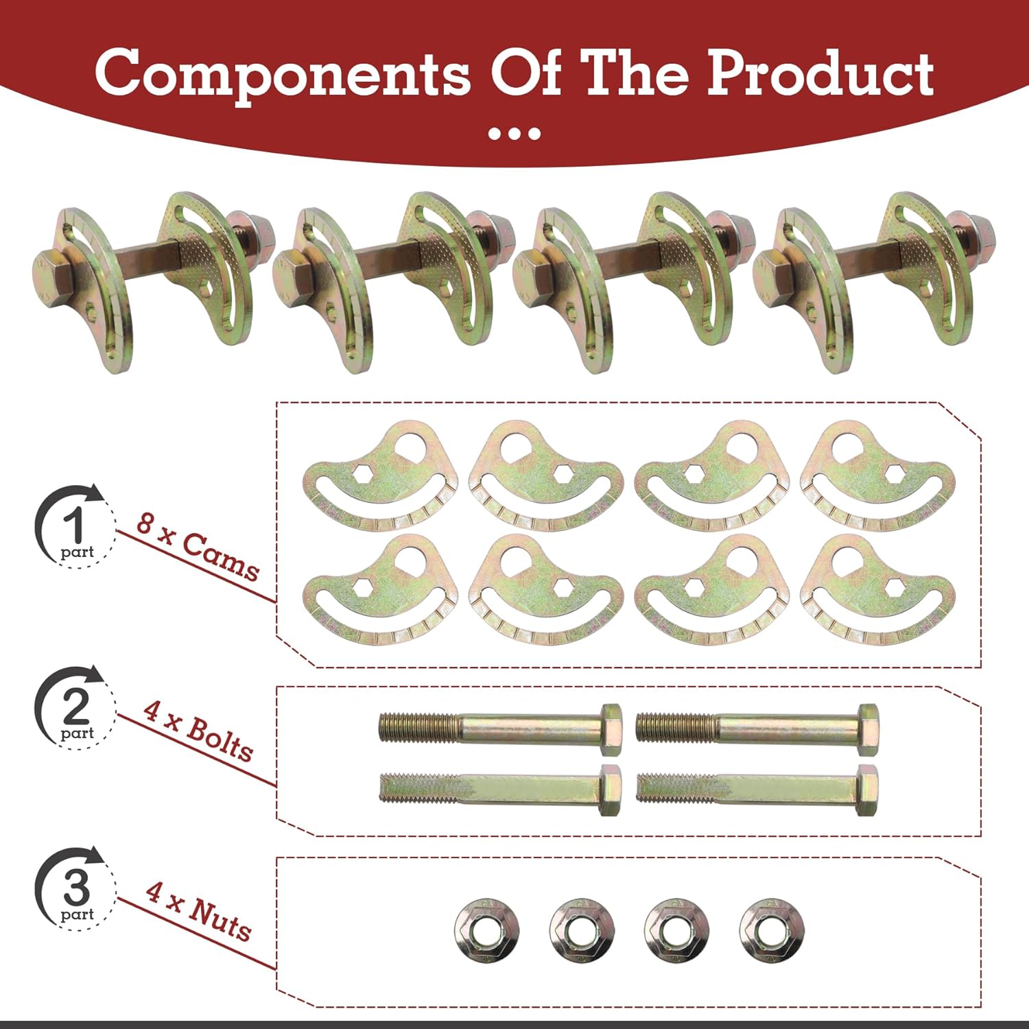 KR0026 Truck Camber Bolt Kit, Compatible with 2001-2010 Chevy GMC 1500HD 2500HD 3500 Trucks, Upper Control arm Cam Bolts ±1.5 °