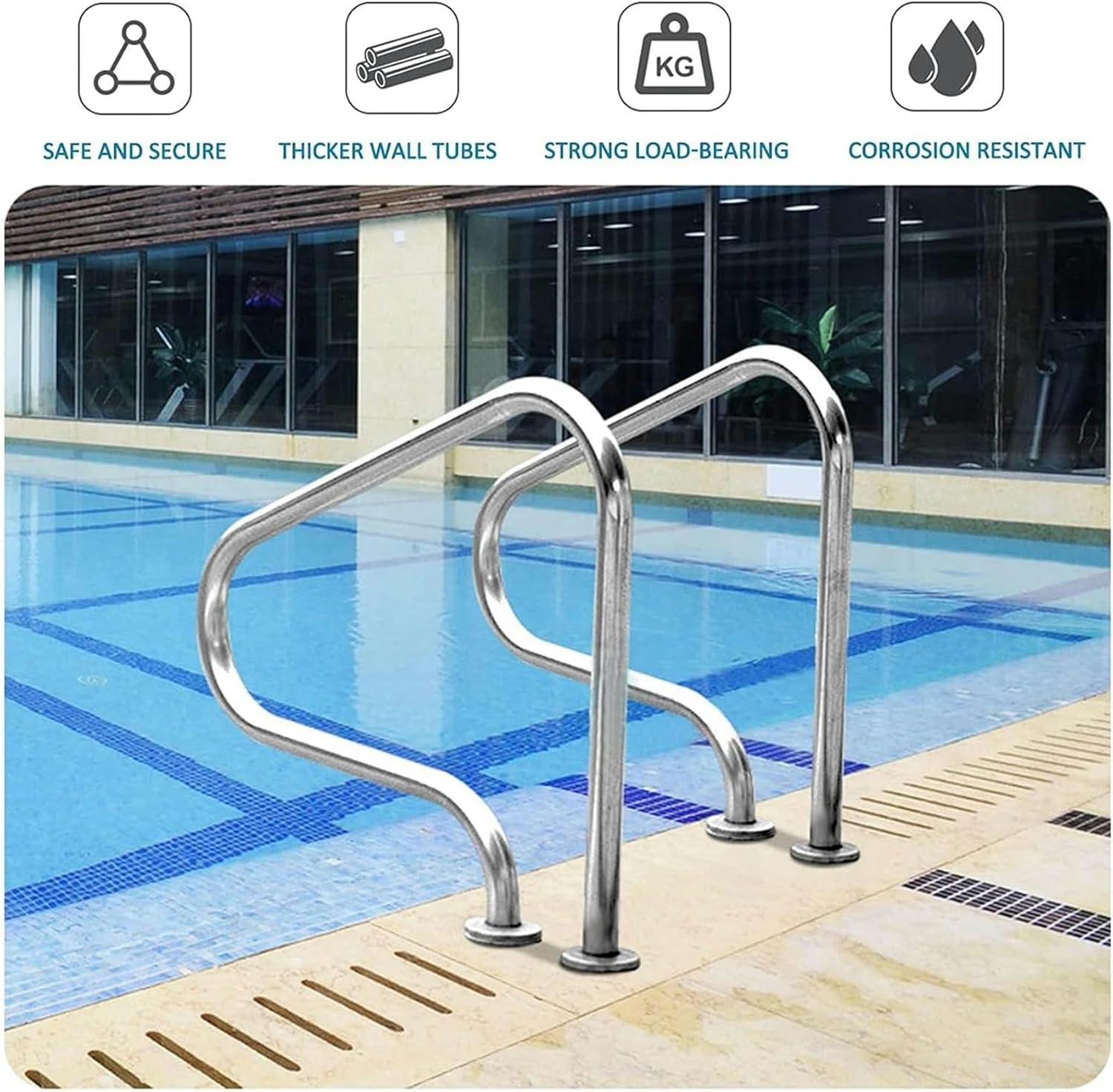 AMNOOL Pool Handrail Pool Railing 31.5 X 31.5 304 Stainless Steel Swimming Pool Handrail, Rustproof Pool Stair Railing Ergonomics Curved Design, for Private and Public Swimming Pools*1