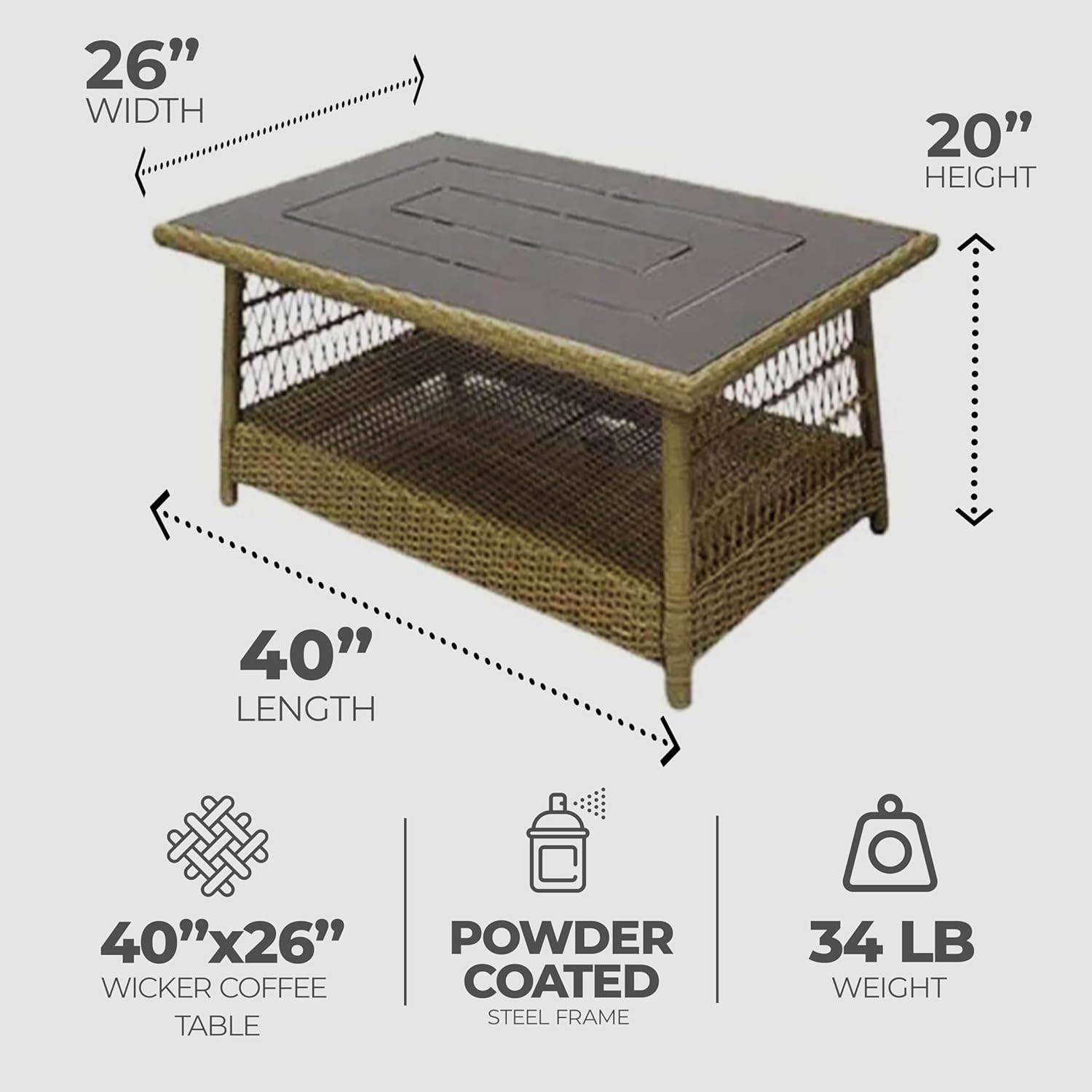 Four Seasons Courtyard Positano 40" x 26" Rectangular All-Weather Outdoor Open Weave Wicker Coffee Table with Decorative Top and Bottom Shelf, Brown