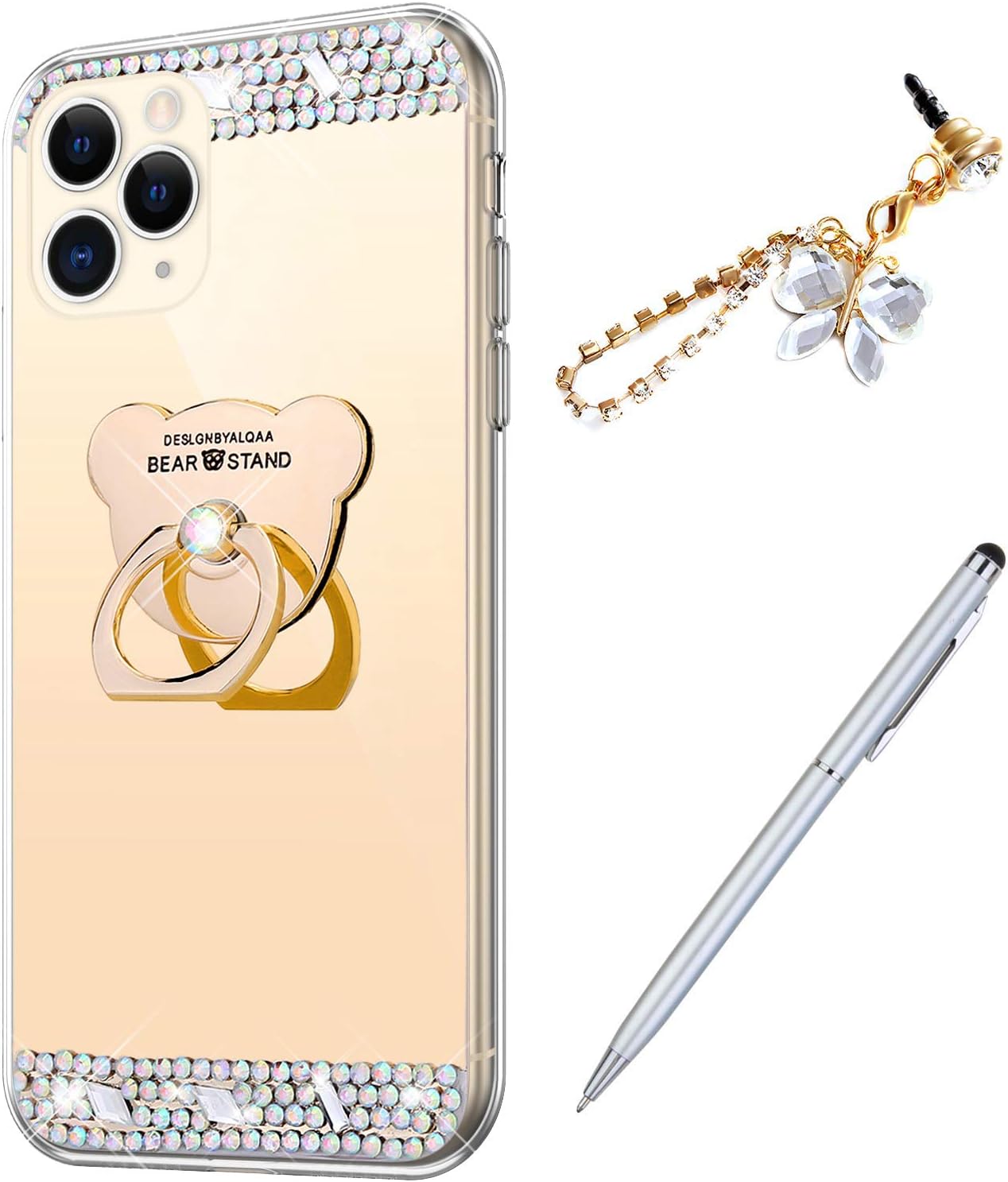 Case for iPhone 11 Pro Max Diamond Case,Crystal Inlaid diamond Bear Rhinestone Diamond Glitter Bling Mirror Back TPU Case & Ring Stand + Touch Pen Dust Plug for iPhone 11 Pro Max Mirror Case,Gold