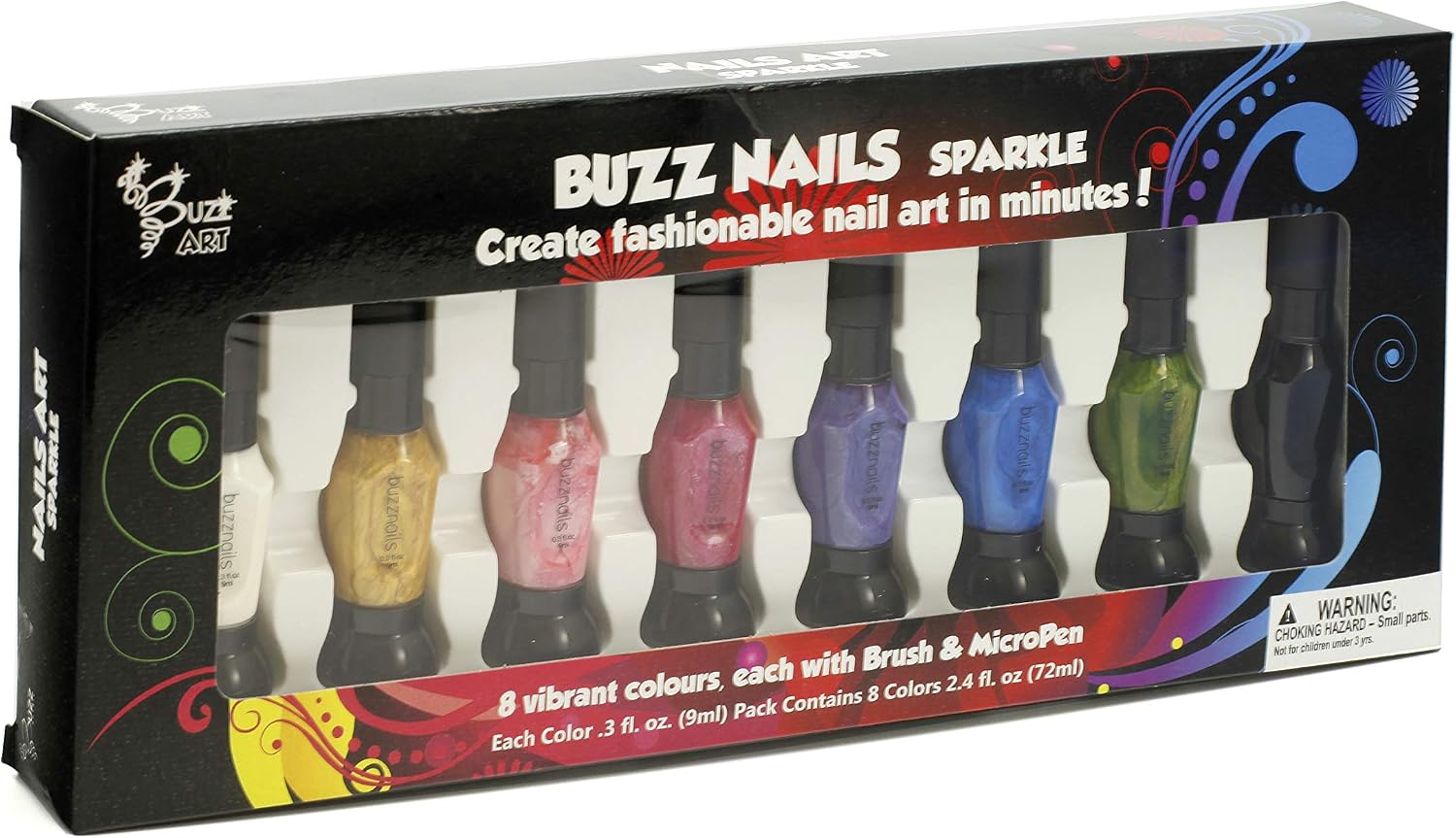 Thunder Bee Buzz Nails Sparkle Nail Art Kit, 8 Vibrant Colors with Brush & MicroPen