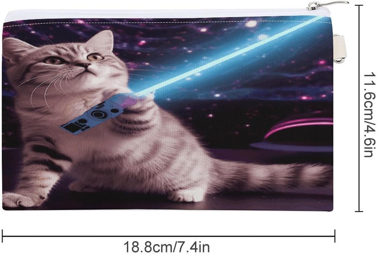 Space Laser Cat Novelty Cute Funny Coin Purse Mini Pouch Change Wallet with Keychain Portable Coin Pouch Canvas Change Purse