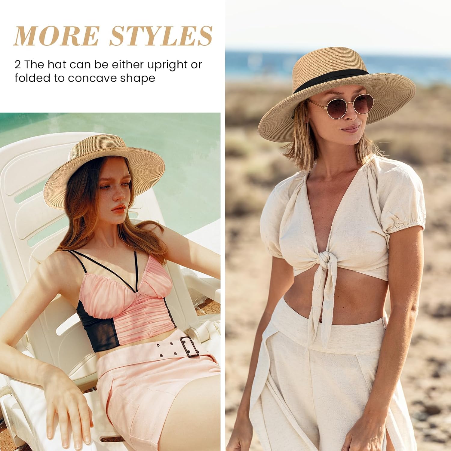 Beach Sun Straw Hats for Women, UPF 50+ UV Sun Protection Wide Brim Summer Straw Hat Foldable Packable Roll up Cap Khaki - Image 6