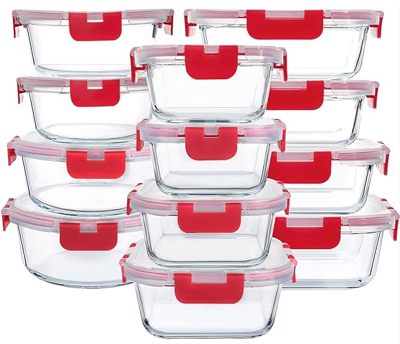 M MCIRCO 24-Piece Glass Food Storage Containers with Locking Lids,Glass Meal Prep Containers Set - Airtight Lunch Containers, Microwave, Oven, Freezer and Dishwasher, Red - Red