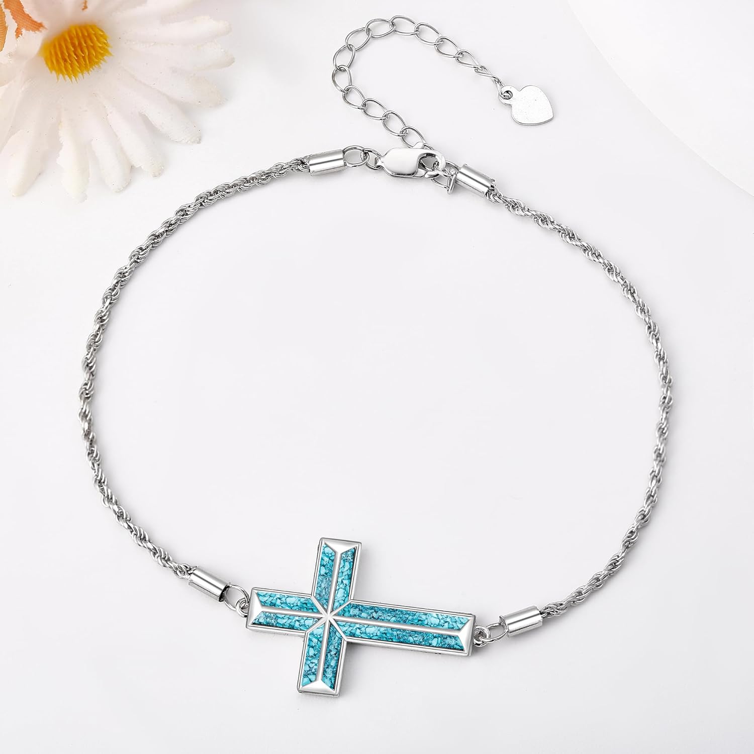 Cross Bracelet 925 Sterling Silver Turquoise Cross Crucifix Jesus Faith Adjustable Bracelet Religious Christmas Valentine's Day Jewelry for Women Christian - Image 4