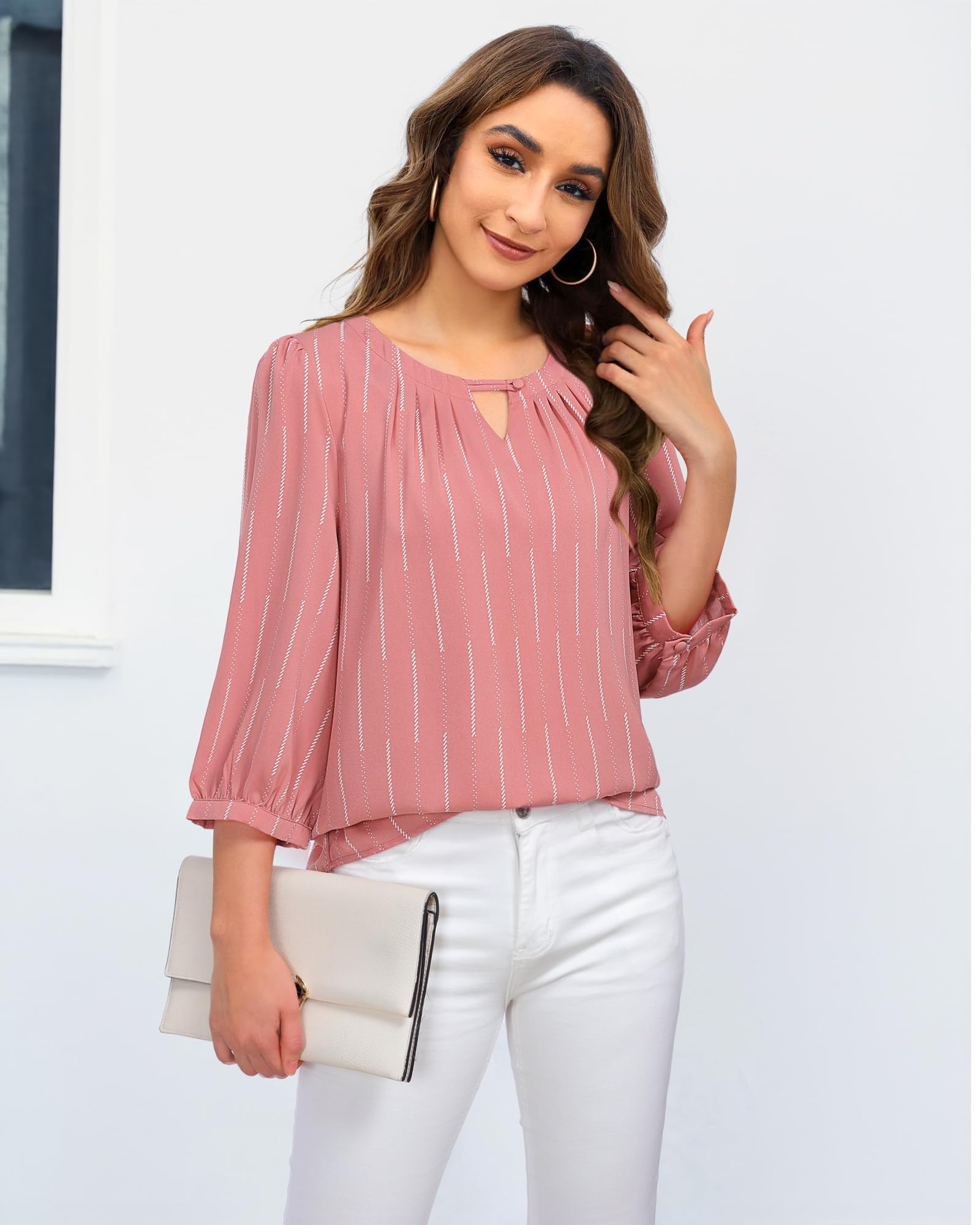 VALOLIA Damen 3/4-Ärmel, elegante Blusen, Hemden, Business, Freizeit, Arbeit, Chiffon, Tunika, Tops