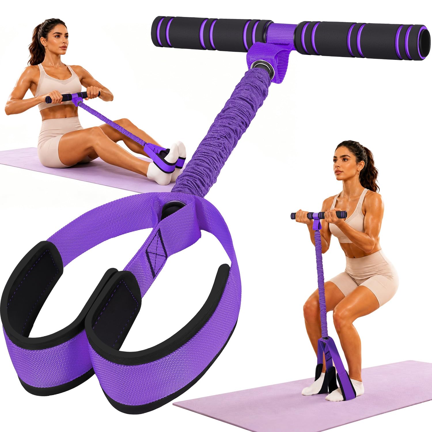 Multifunctional Durable Pedal Resistance Band with Handle, Upgraded Elastic Exercise Bands for Home Gym, Anti-Snap Sit Up Equipment &amp; Ab Trainer for Core/Arms/Legs/Glutes Workout for Women