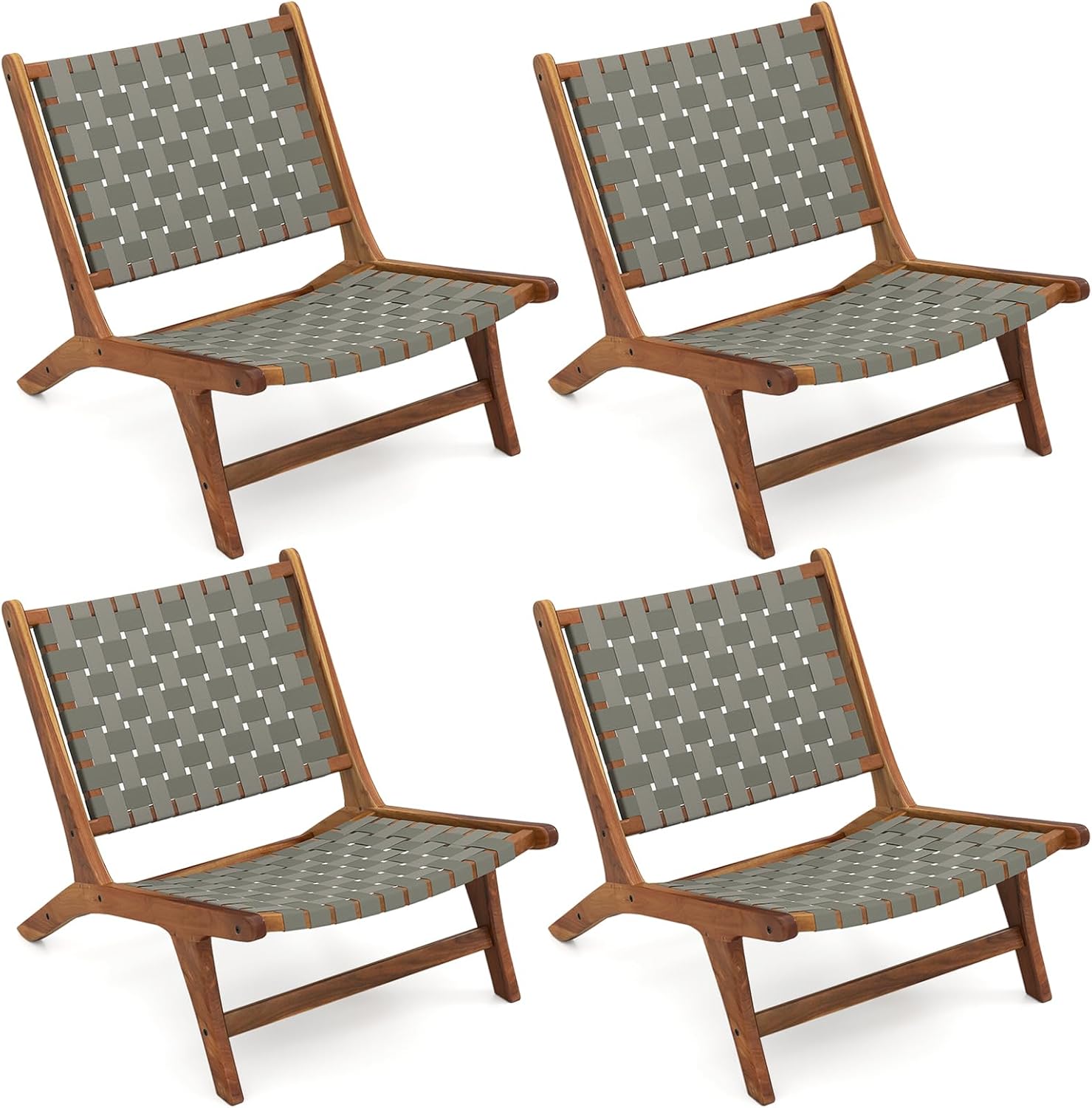 Tangkula Patio Teak Wood Chair Set of 4, Outdoor Mid-Century Accent Chair with Nylon Webbing Seat & Back, for Backyard, Porch, Balcony or Poolside