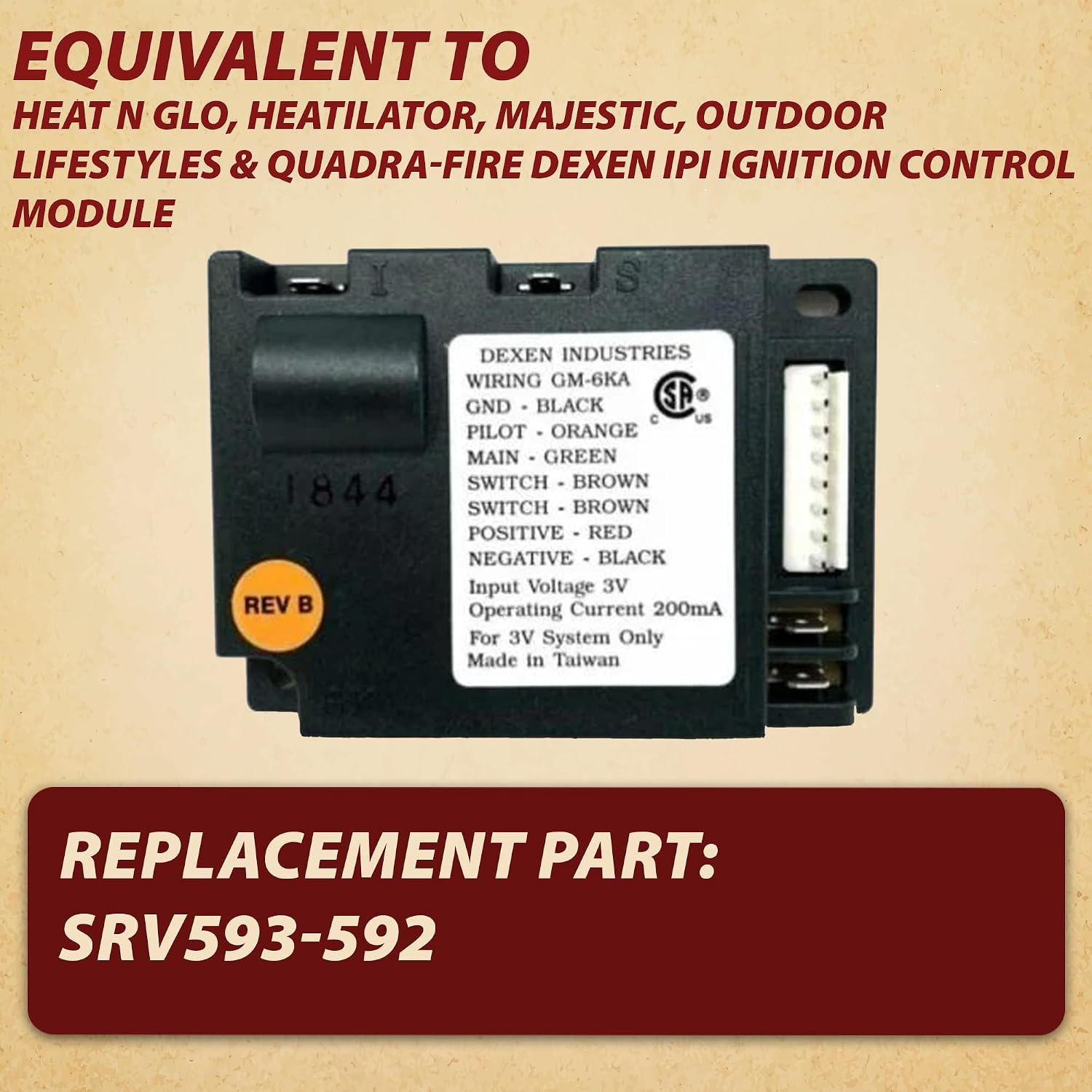 Pellethead IPI Ignition Control Module, Dexen 593-592 Compatible | Replaces SRV593-592, H4674, and J5760, Electronic pilot control system for gas fireplaces, Plug-and-play design