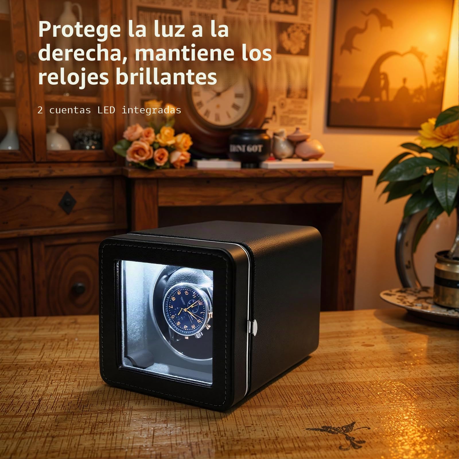 Caja giratoria para relojes automáticos, cable de carga USB, piel sintética, con motor silencioso