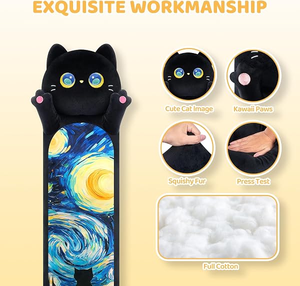 Mewaii 110CM Kuscheltier Kawaii Langes Katzen Plüsch Kissen Schwarze Katze Stofftiere Plüschtier Ausgestopftes Tier Spielzeug Kuschelkissen Geschenk Plüschkissen - 3