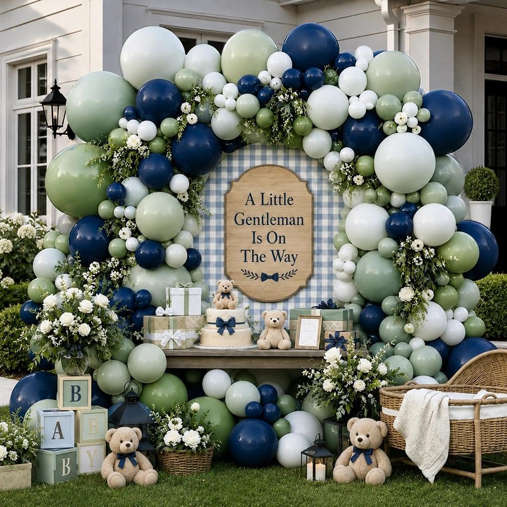 Kit de guirnalda de globos azul marino y verde con doble relleno, azul oscuro, verde salvia, pastel, para baby shower, selva, safari, boda, fiesta de cumpleaños
