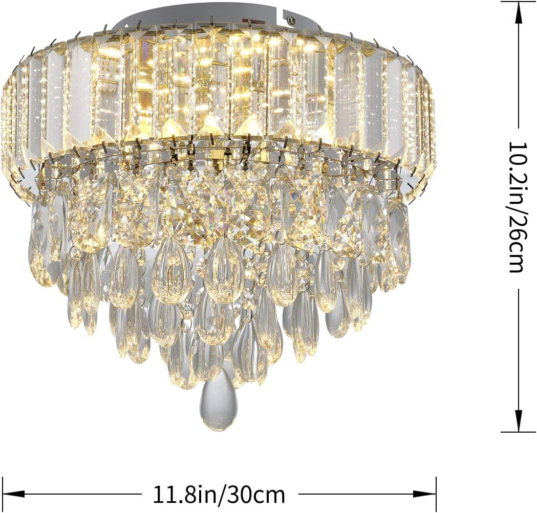 ❤ Crazy Deals Modern Crystal Ceiling Light LED Flush Mount Ceiling Light Fixture, D11.8 5 Tiers 3 Way Dimmable Crystal Raindrop Chandelier for Bedroom Dining Room Living Room Kitchen Island Entryway