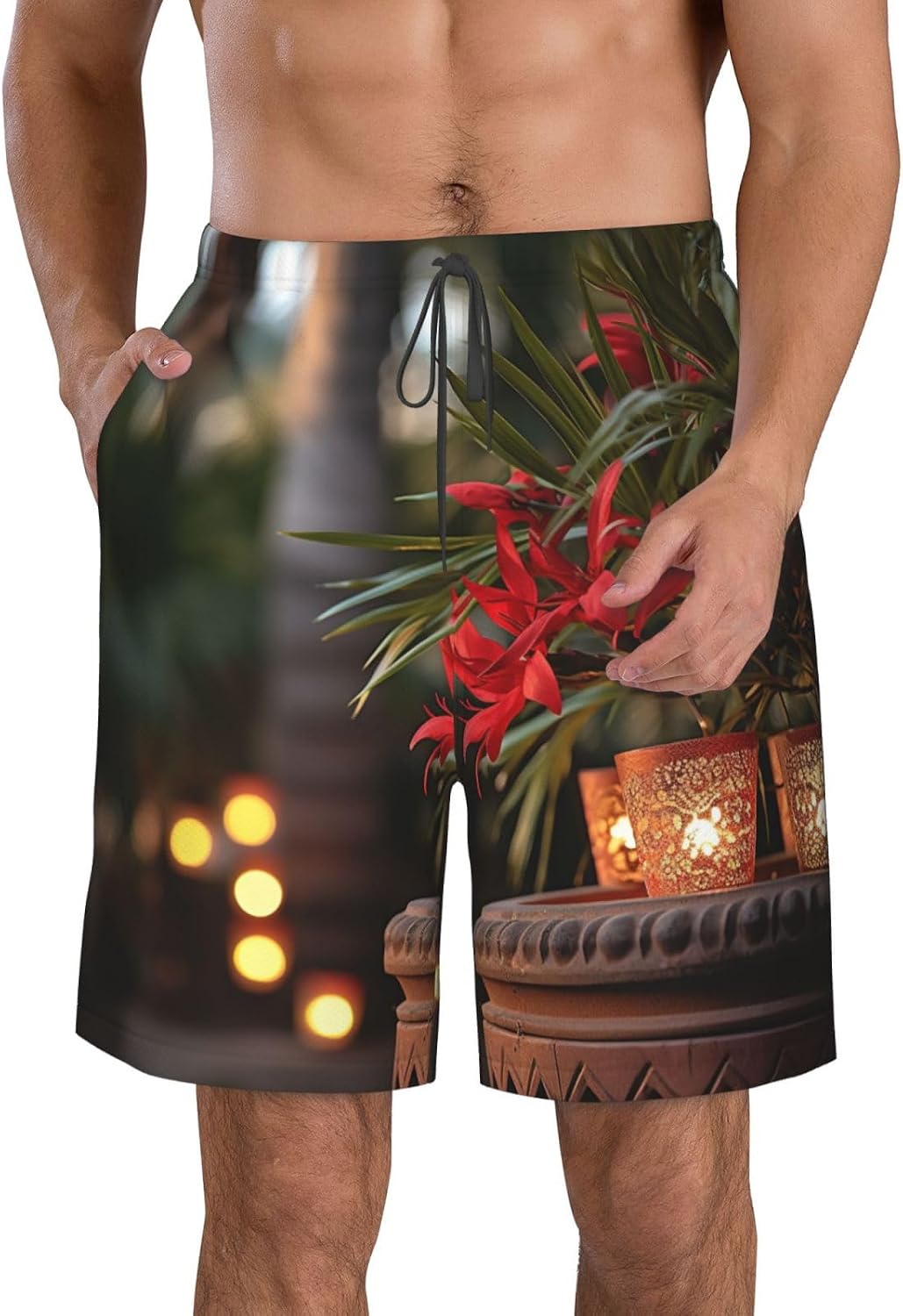 Merry Christmas Palm Tree Print Mens Casual Shorts Drawstring Summer Beach Stretch Shorts Novelty Swimtrunks