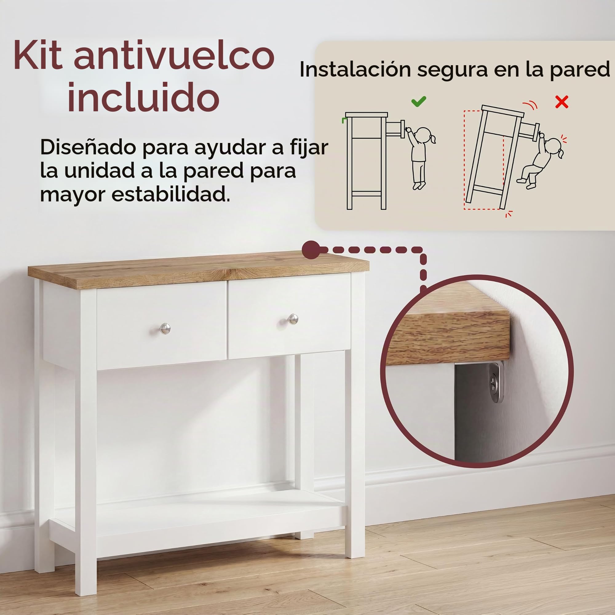 Vida Designs Arlington - Mesa de Consola con Estante para Pasillo y tocador (Tablero DM, 2 cajones), Color Blanco