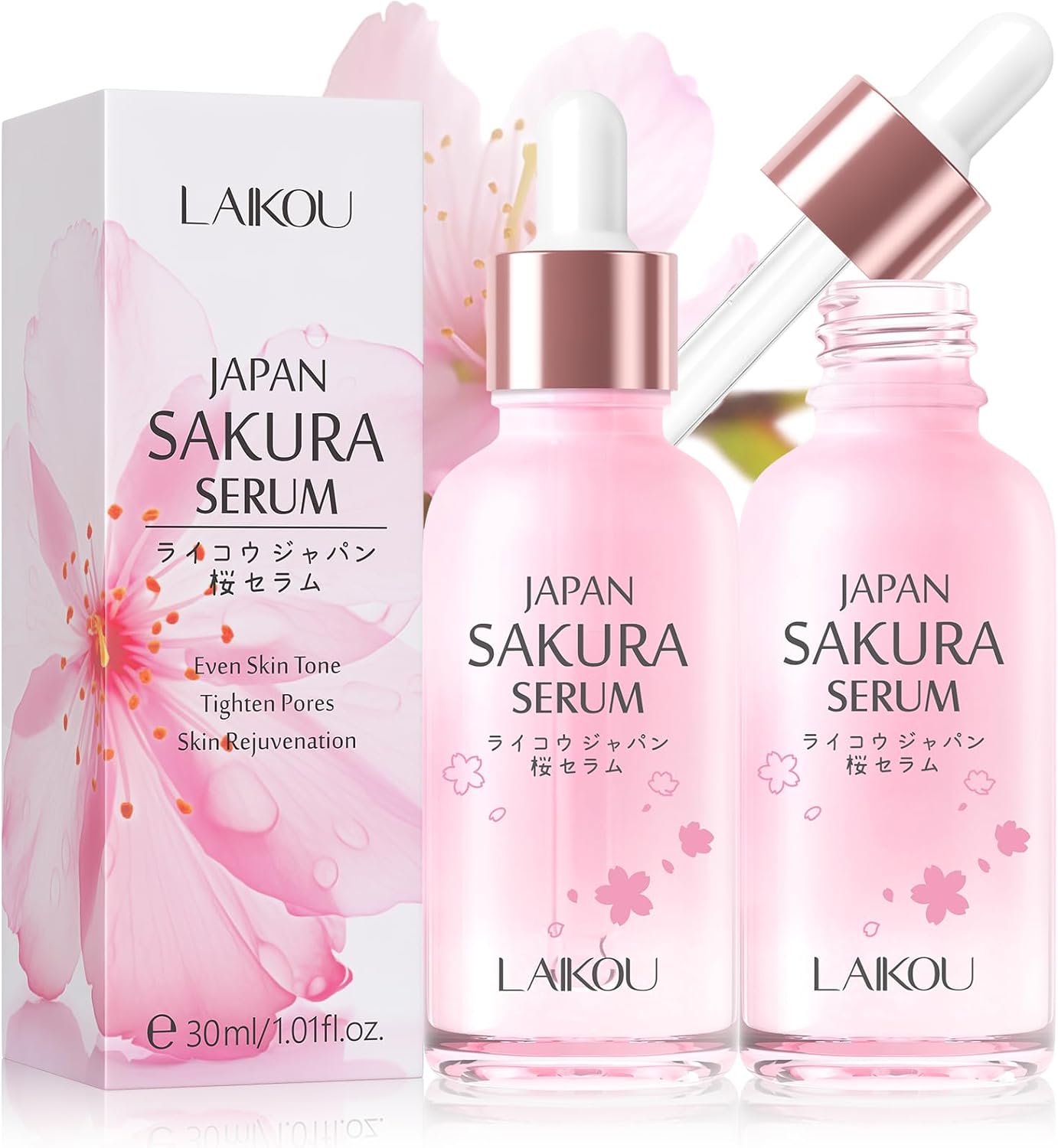 LAIKOU Sérum Hydratant Visage, 2 Pièces 30 ml Sérum Hydratant Visage Essence, pour Tous Types de Peau, Efficace sur les Taches, les Rides et l&rsquo;Éclat (30mlx2, Sakura)
