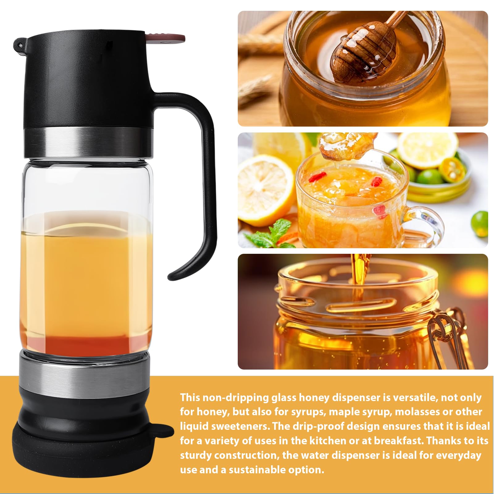 Dispenser di miele in vetro borosilicato 300 ml: barattolo per miele antigoccia con manico e tecnologia anti-ritorno, ideale per sciroppo, marmellata, caffè, tè, cucina e ufficio