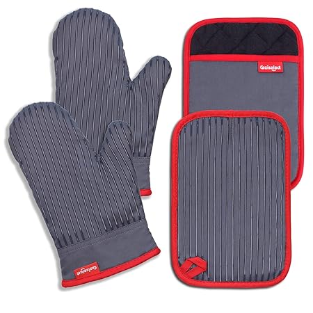 Coziselect Oven Mitts and Pot Holders Set, with Heat Resistance of Silicone, Flexibility of Pure Cotton and Terrycloth Lining, 480 F Heat Resistant, Grey