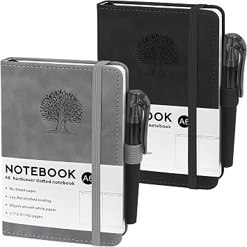 A6 Notebooks, 2 Pcs A6 Notebook, Pocket Notebook Small Note Pads, 14.5 x 9.9cm, 80 GSM, 192 Pages, Tiny Note book with Pen Holder, PU Leather Pocket Book for School Business Work Black & Grey