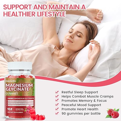 Miniatura 6 de Gomitas de glicinato de magnesio de 1000 mg, suplementos de magnesio y potasio masticables para adultos con L-treonato para dormir, apoyo corporal y