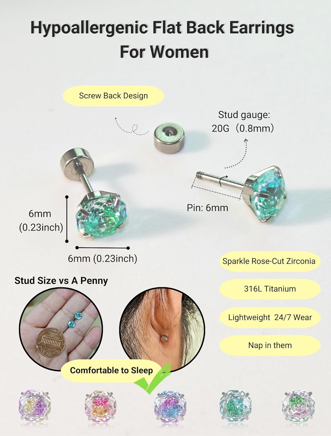 20G Flat Back Earrings for Women 316L Titanium Steel Screw Back Stud Earrings Rose Cut Cubic Zirconia Small Cartilage Earring Hypoallergenic for Sensitive Ears Everyday Wear - Image 4