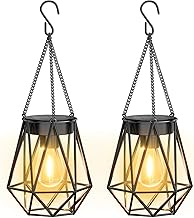 KOOPER 2 Pack Hanging Solar Lanterns Outdoor Waterproof, Metal Solar Powered Lantern Lights, Bright Diamond Shape Lantern with Hook, Outdoor Decorative Lanterns for Patio Porch Garden Yard Decor Gift
