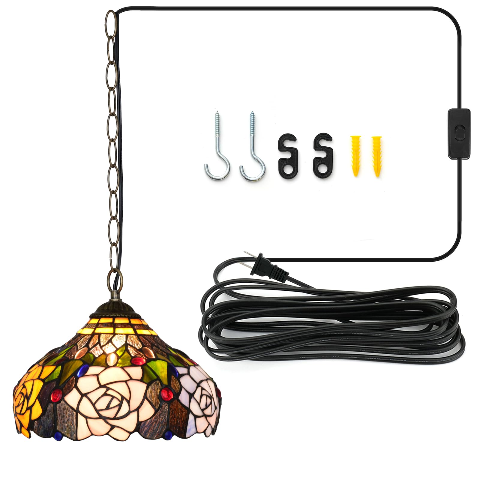 Tiffany Pendelleuchte Rose Blumen Buntglas Hängelampe 12 Zoll Antik Stil Plug in Licht für Haus Küche Insel Esszimmer Wohnzimmer Flur Theke Bar