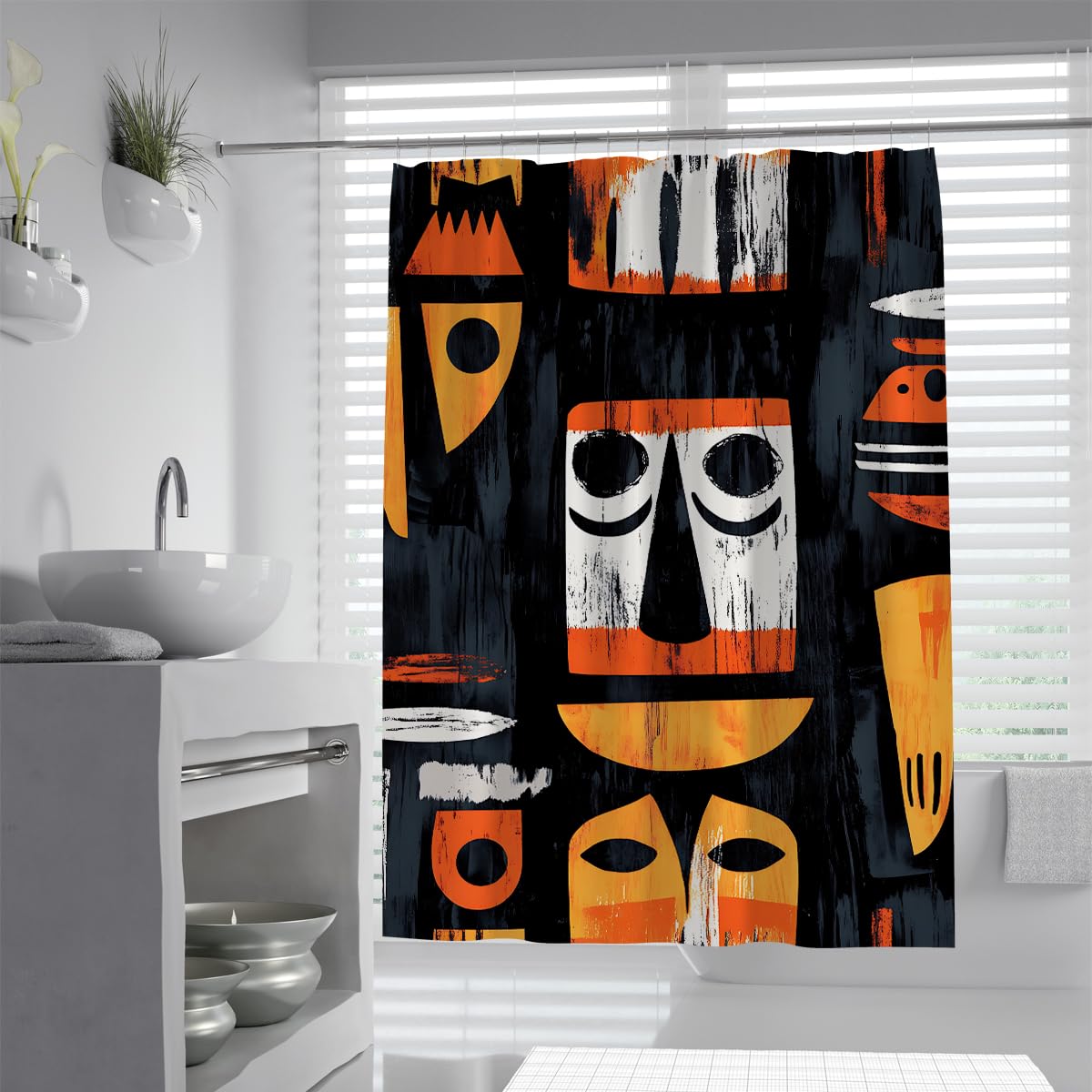 UERWOWELL Retro Exotic Art Shower Curtain Primitive Abstract Face Pattern Bath Curtain Traditional Geometric Bathroom Decoration Waterproof Fabric W150xL180 cm