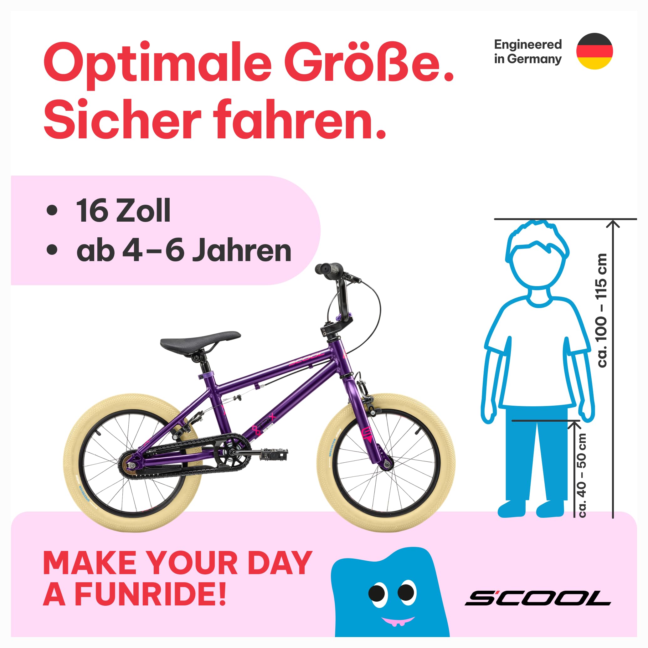 Kinderfahrrad 16 Zoll, Kinder BMX Fahrrad, 1-Gang,S’COOL XtriX Mini BMX, Fahrrad für Kinder ab ca. 4 Jahren – Körpergröße ca. 100–120 cm
