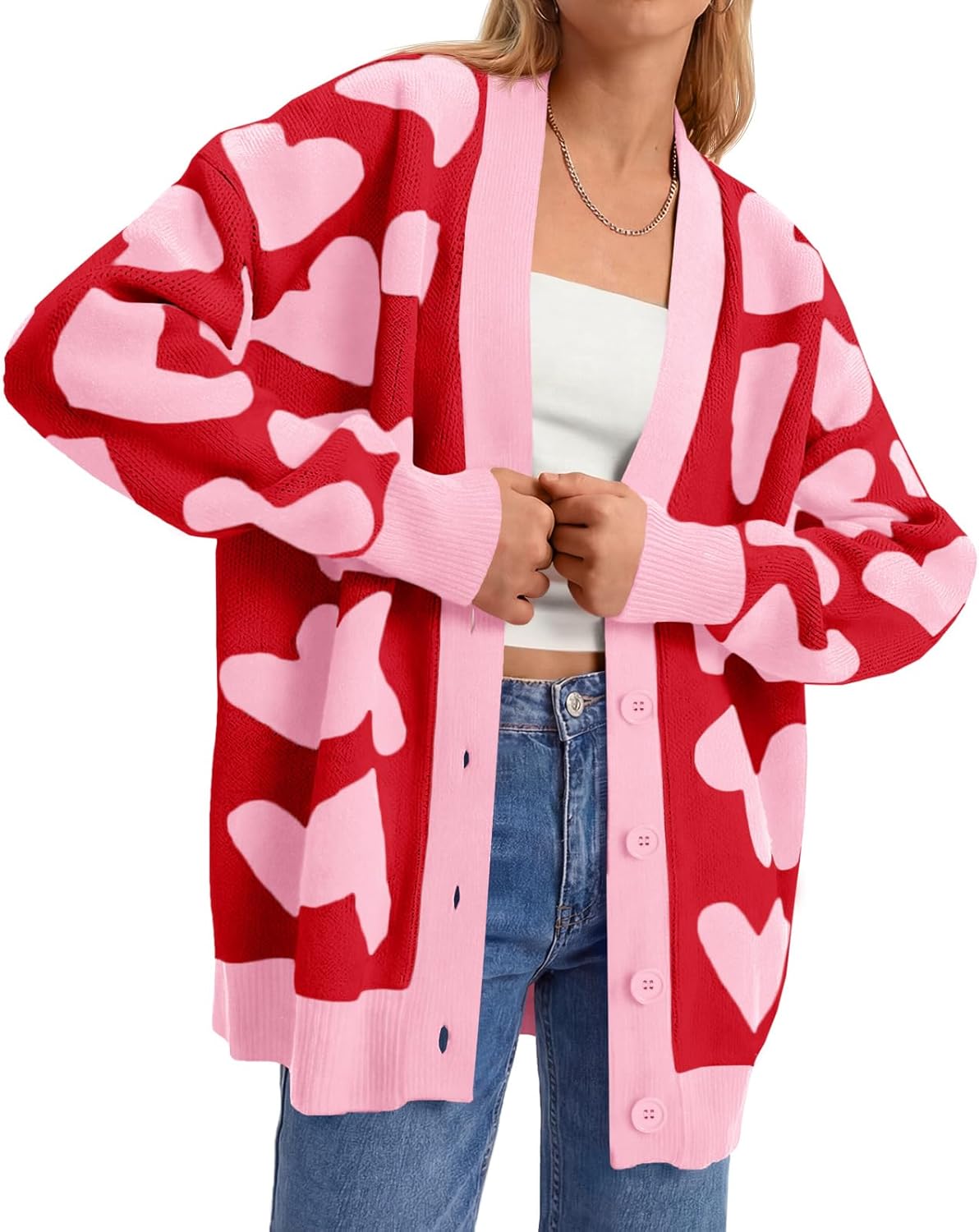 Saodimallsu Womens Heart Cardigan Sweaters Cute Valentines Oversized V Neck Button Up Winter Sweater Coats