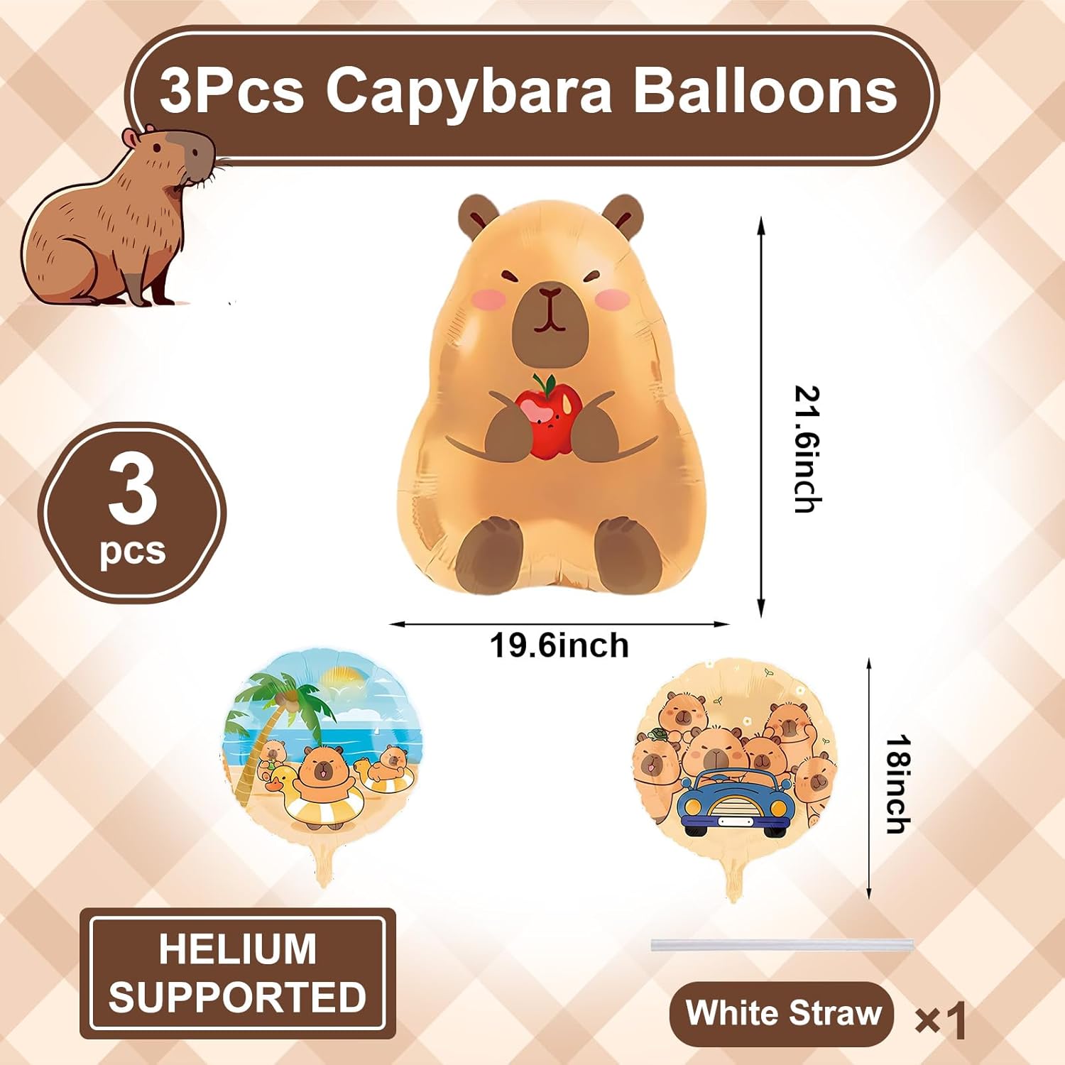 3 Pcs Capybara Balloons,24Inch Capybara Aluminum Foil Balloons for Birthday Baby Shower Gender Reveal Capybara Party Decorations