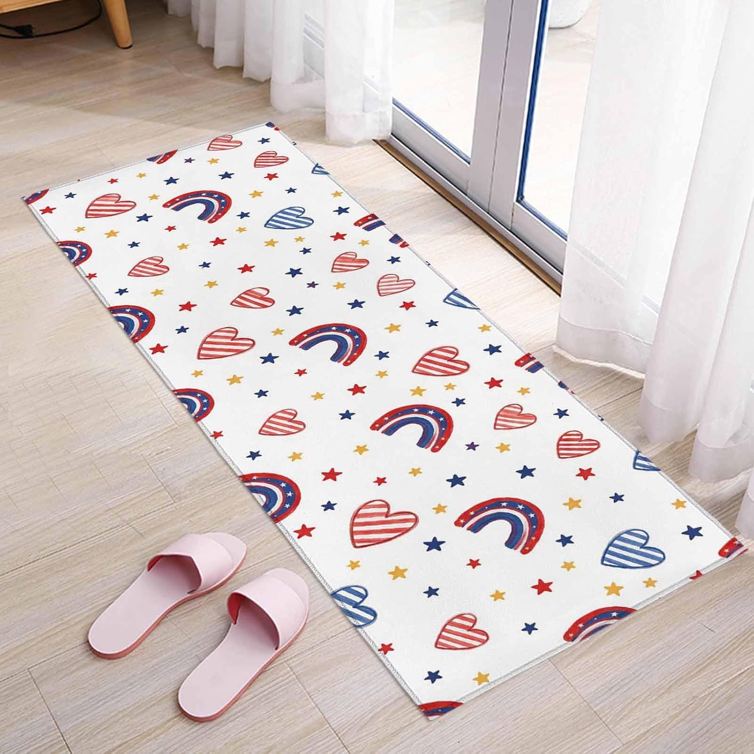 Kitchen Mats for Floor Independence Day 250th Anniversary Washable Non Slip Kitchen Rugs 1PCS, Rainbow Stars Background Absorbent Standing Mats for Sink Bathroom Office Living Room 23.6x70.9in