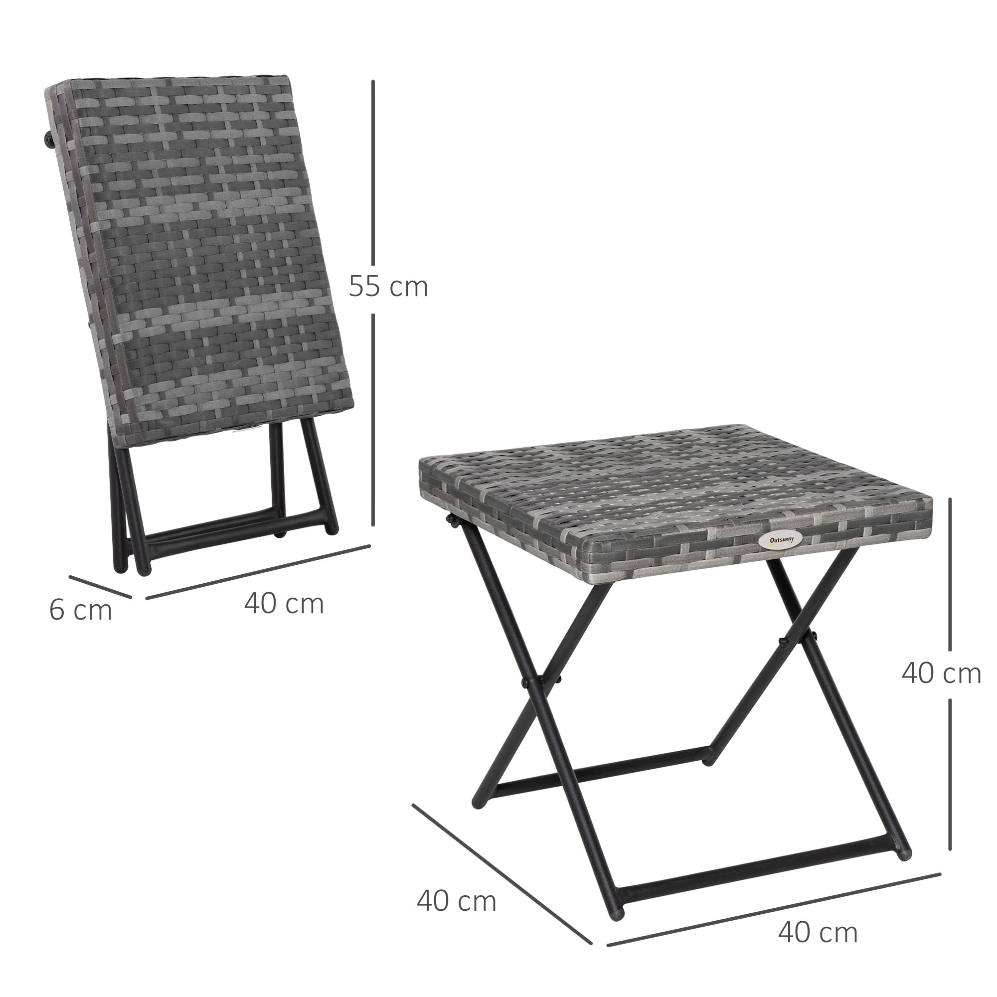 Outsunny Mesa de Jardín Exterior de Ratán Sintético 0,16 ㎡ Plegable Gris | Mesa Auxiliar Exterior, Patas Cruzadas, Marco de Acero, para Patio Balcón