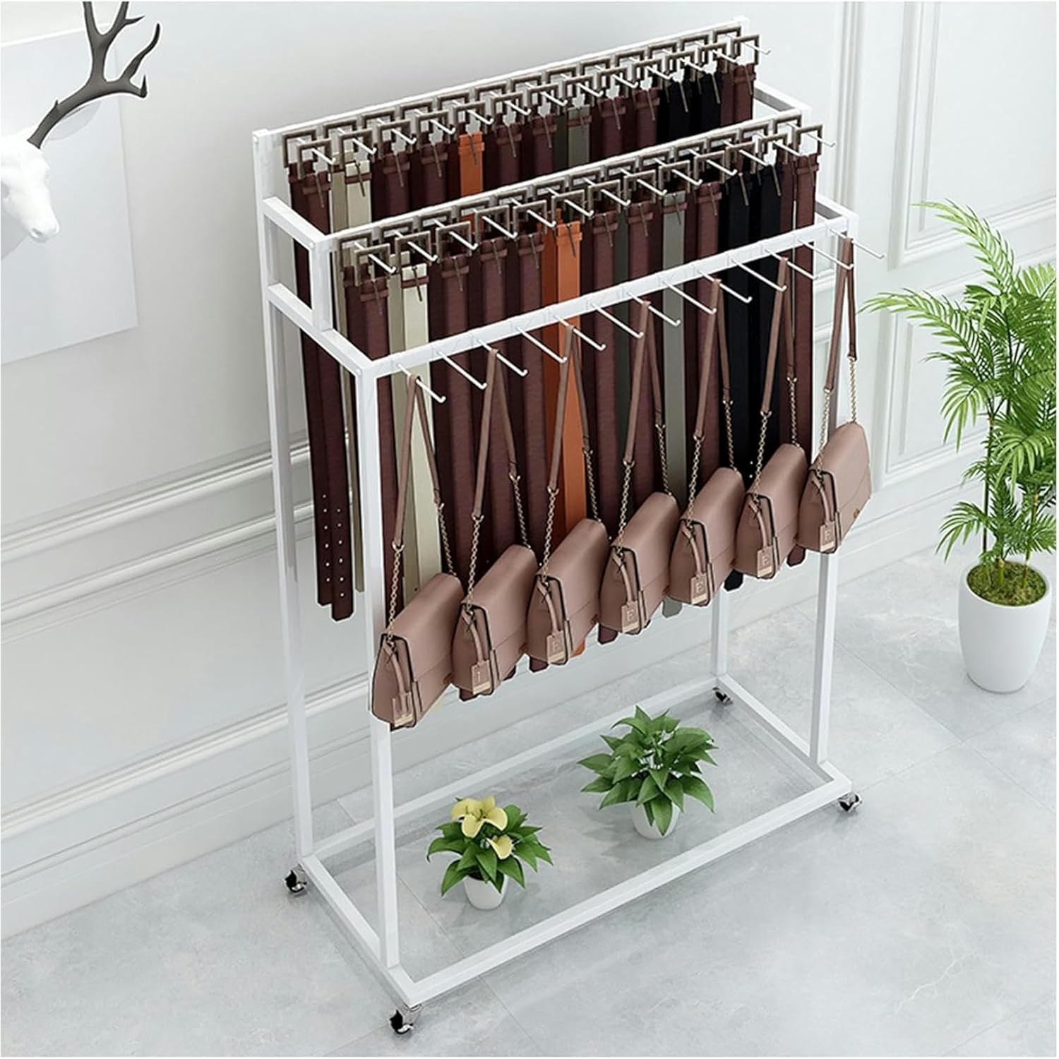 Floor Standing Belt Hanger Retail Display Stand with Movable Shop Tie Rack Organizer Space Saving Scarf Stand with Hooks for Jewelry Keychains Socks and Toys