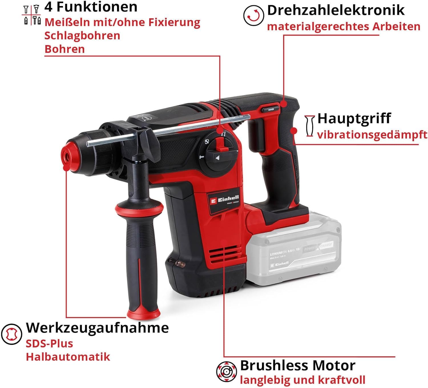Einhell Professional Akku-Bohrhammer TP-HD 18/26 Li BL-Solo Power X-Change (18 V, Brushless, 2,6 J, SDS-plus, 26 mm Bohrleistung in Beton, 4 Funktionen, Koffer, ohne Akku)