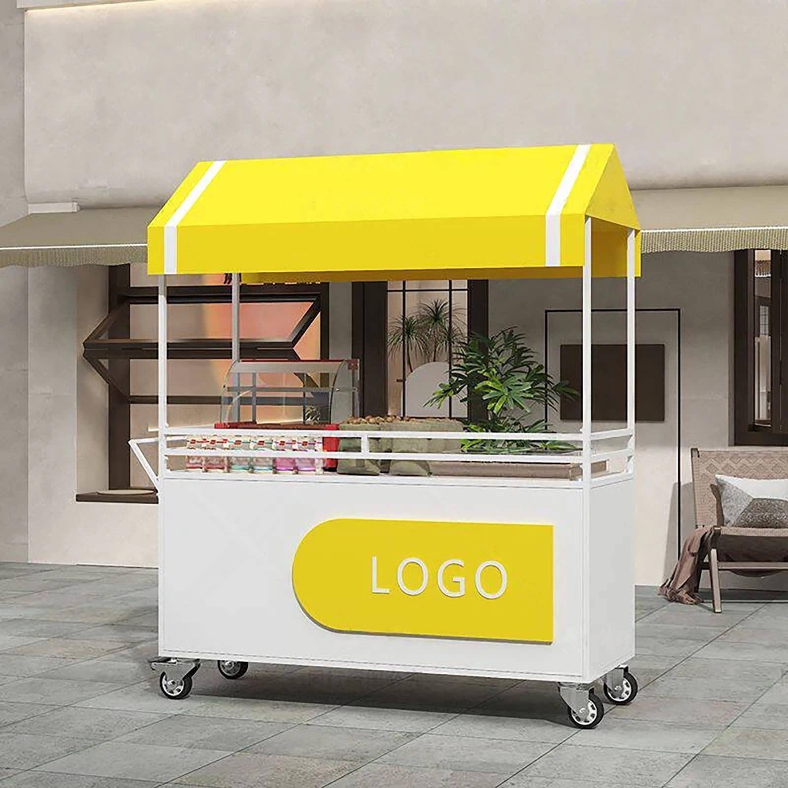 Quiosco de Comida Concesionaria Móvil de Venta Ambulante de Comida con Ruedas Freno para Eventos Fiestas y Puestos de Mercado.(Giallo,120x58x190cm)