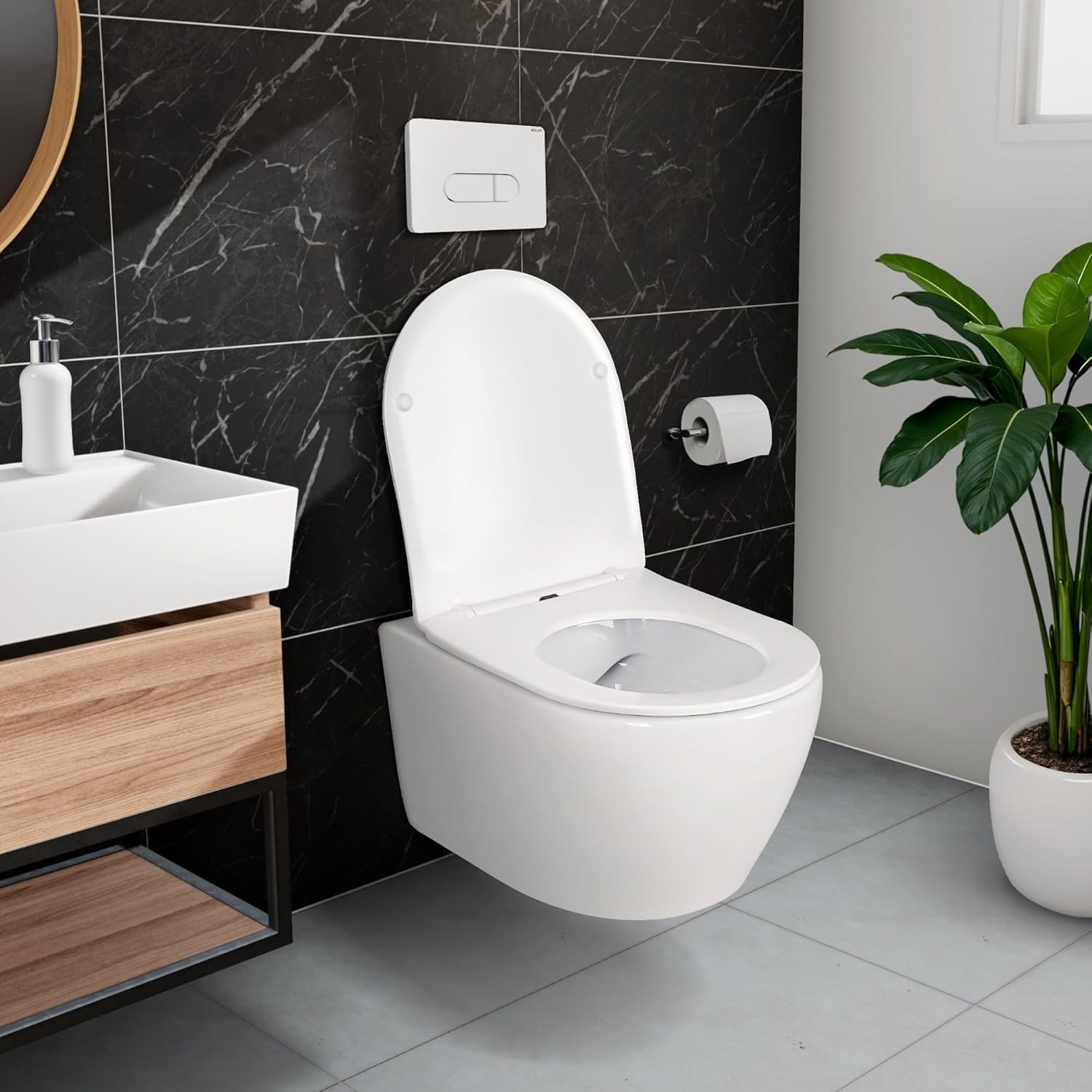 ALONI Hänge-WC Komplettset, Weiß, 36x28x52 cm | ohne Bidet, spülrandlos, Softclose Duroplast mit Quick-Release, Vorwandelement vormontiert 3/6 L, Tanktiefe 80 mm