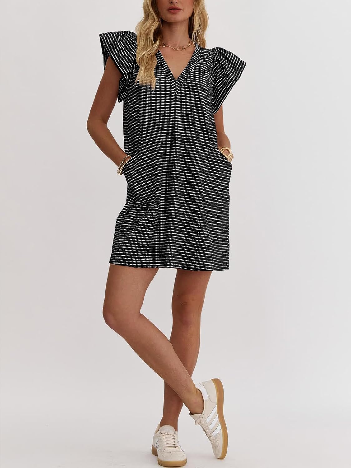 Striped V-Neck Mini Dress for Women Puff Sleeve Casual Dress with Pockets, Comfortable & Stylish for Summer - Image 5