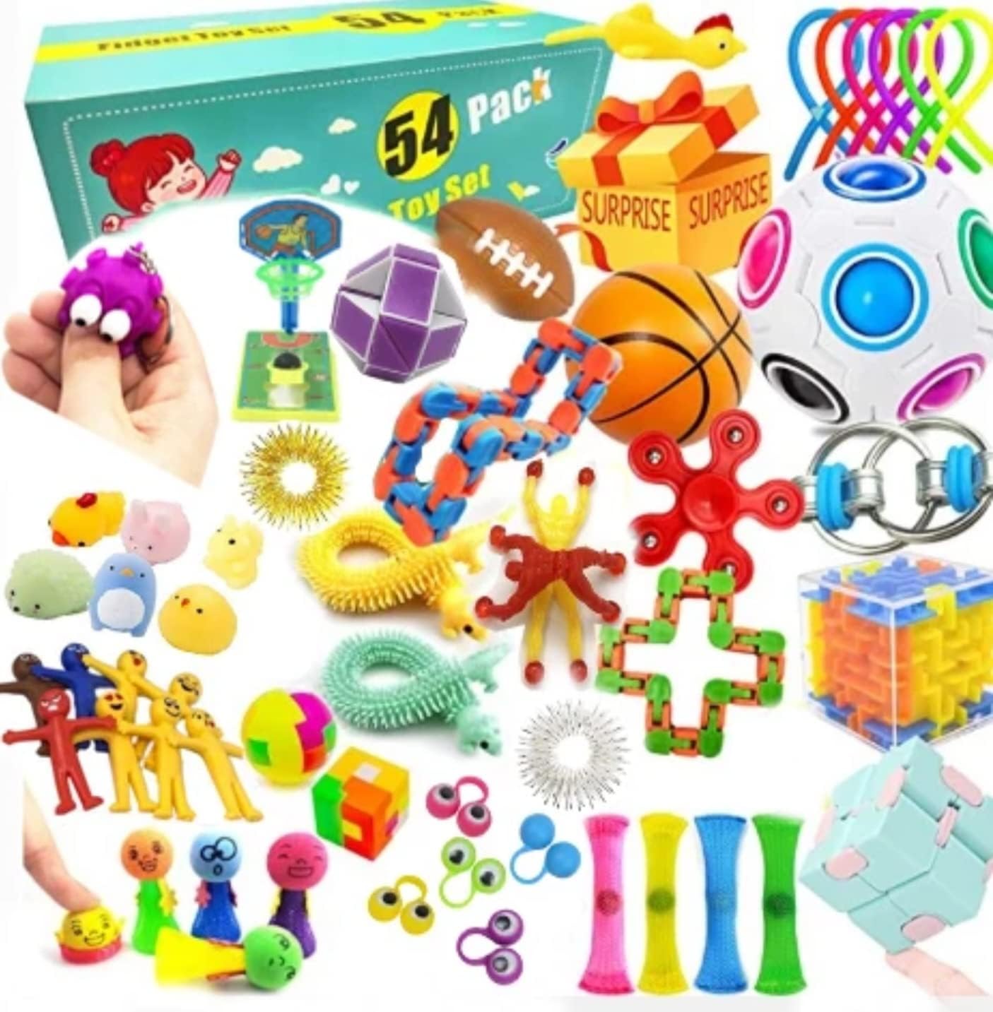 54pc Fidget Toys Pack for Kids and Adults- Relieve Stress and Anxiety, Cure Boredom- Includes Fidget Spinner, Infinity Cube, Puzzle Ball- Perfect for ADHD and Autism