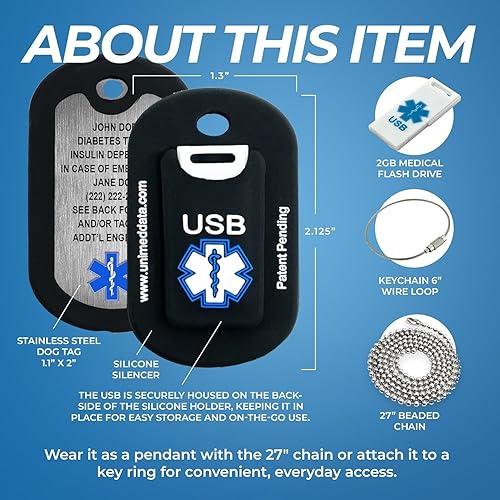 Miniatura 2 de Collar de alerta médica USB de 2 GB - 2 x 1.25 pulgadas - Collar de acero inoxidable grabado con placa de identificación médica - Collar de alerta