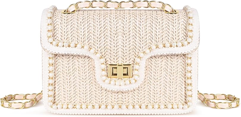 Straw Crossbody Bags for Women Summer Pearl Straw Clutch Purse Woven Shoulder Bag Vacation Handbags
