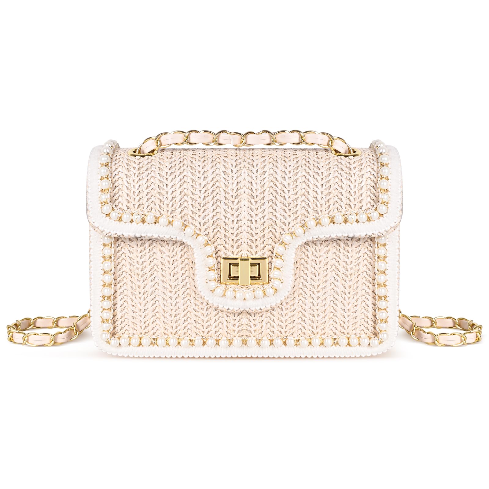 OWGSEE Straw Crossbody Bags for Women Summer Pearl Straw Clutch Purse Woven Shoulder Bag Vacation Handbags