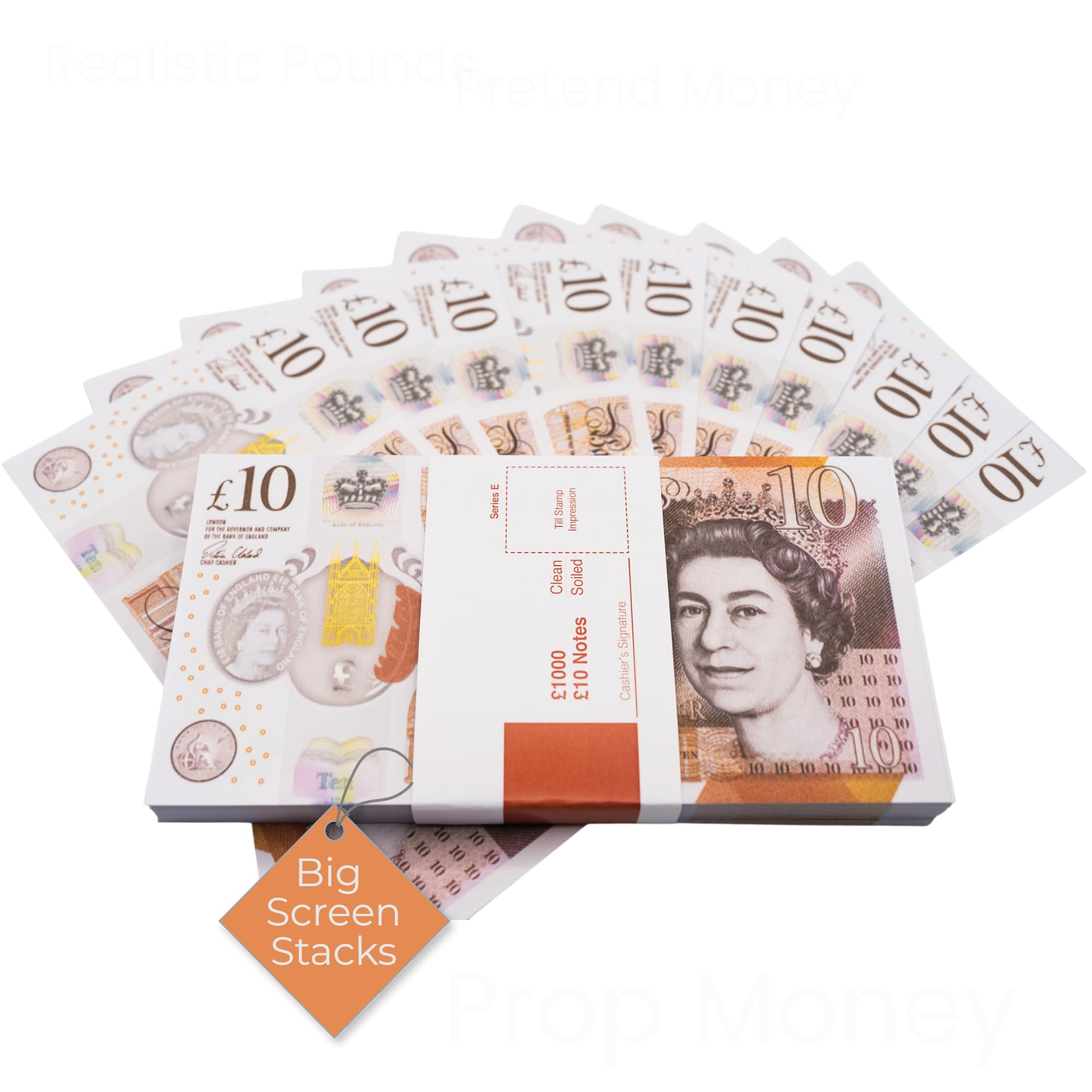 Big Screen Stacks | PROP MONEY | UK COMPANY | REALISTIC UK POUNDS GBP BRITISH ENGLISH BANK 100 x 10 POUND NOTES - Spare Bank Note Strap. For Movies Films Advertising Social Media Play Fake Party