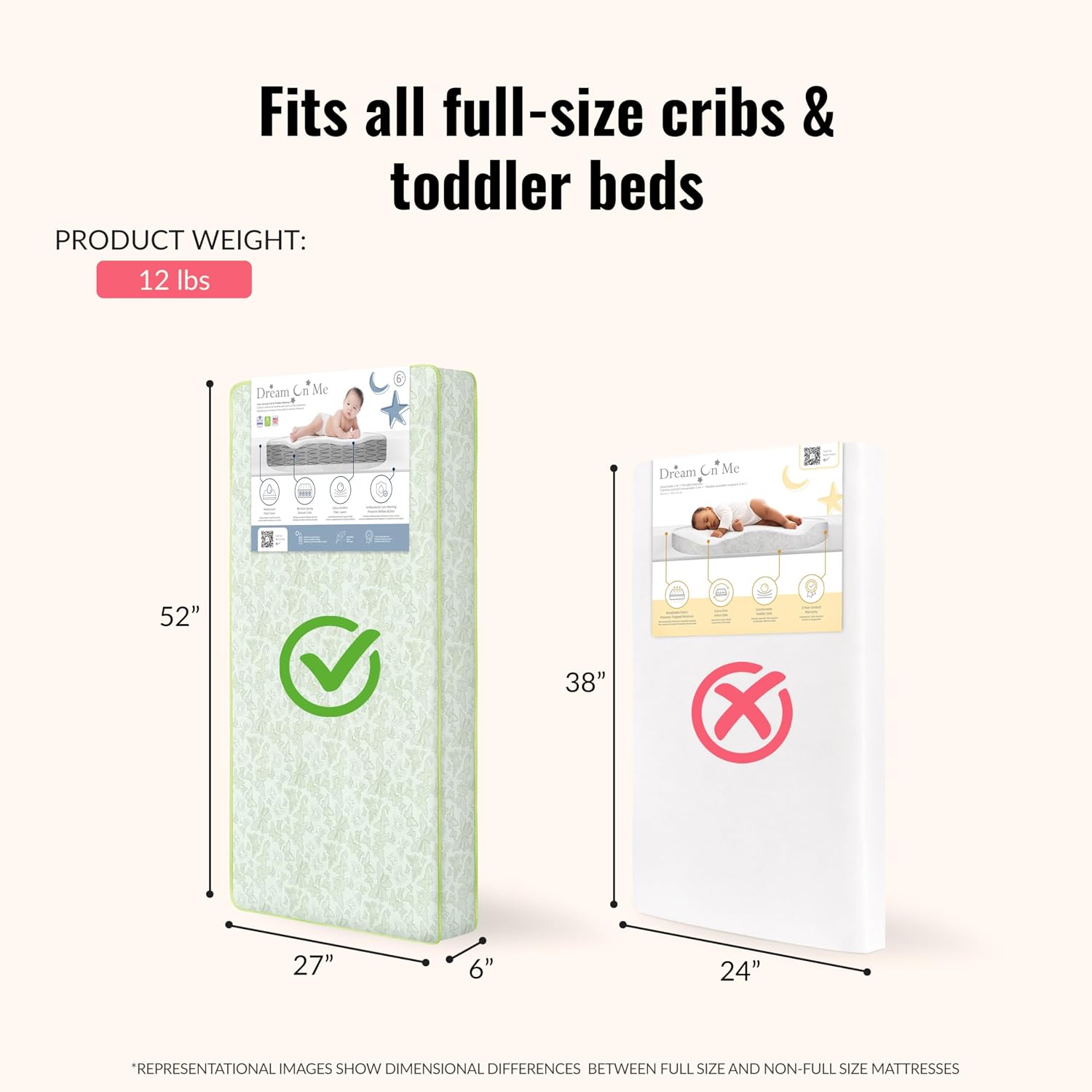 Dream On Me Superior Slumber Mattress, Fits Standard Full-Size Cribs & Toddler Beds, Reversible Design, 52" x 28" x 6", Waterproof Vinyl Cover, GREENGUARD Gold & BSA Certified